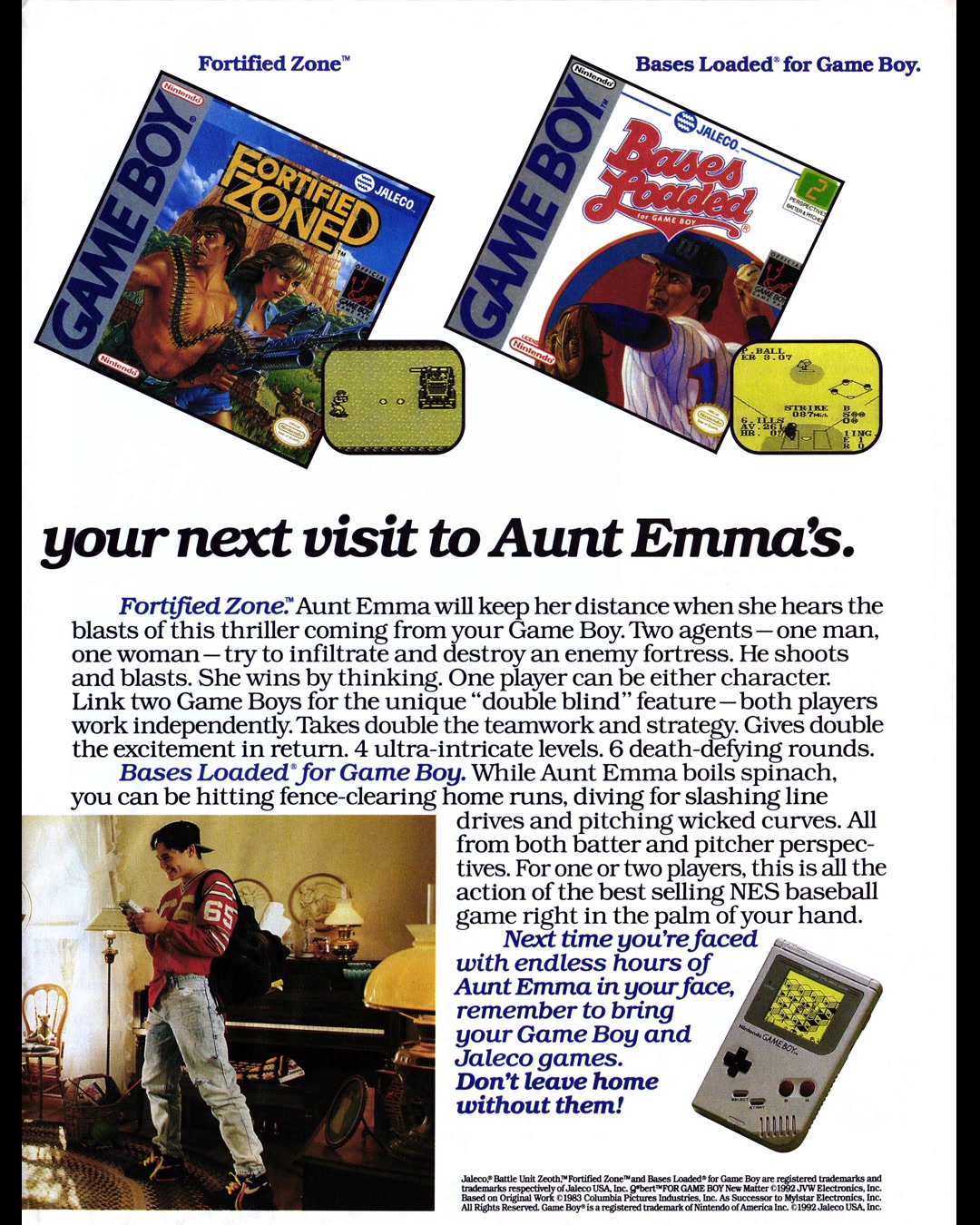 1992 Jaleco Game Boy ad with Aunt Emma