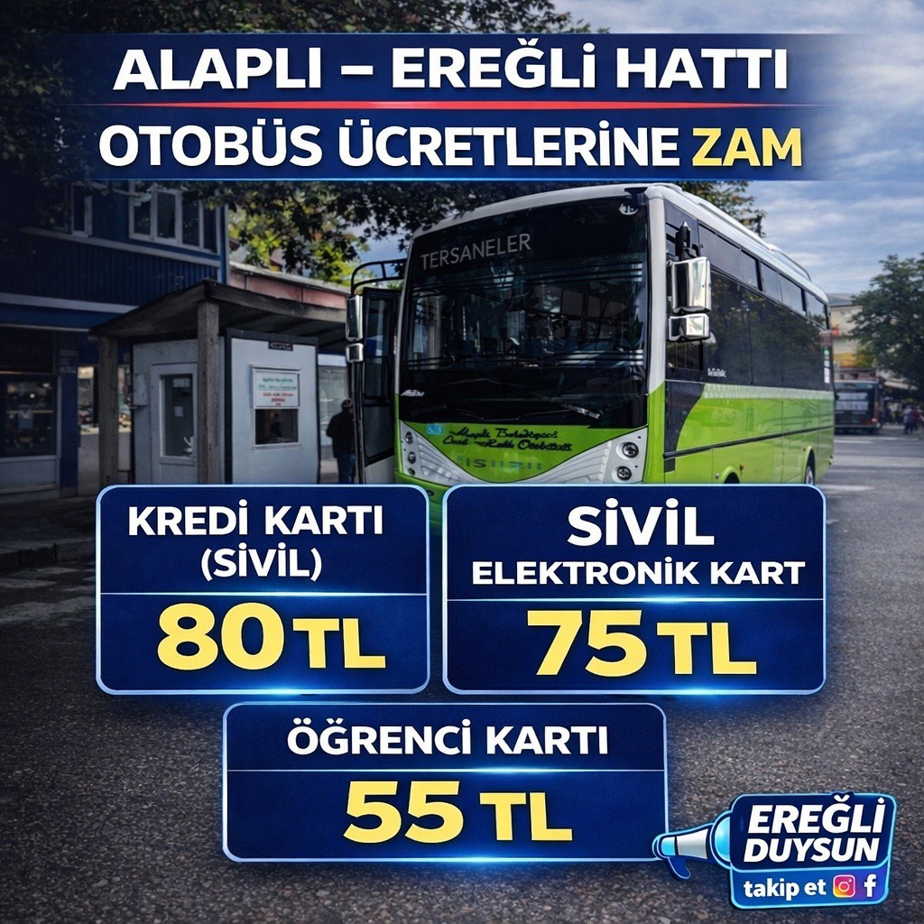 Alaplı–Ereğli hattında halk otobüsü ücretleri zamlandı. Yeni