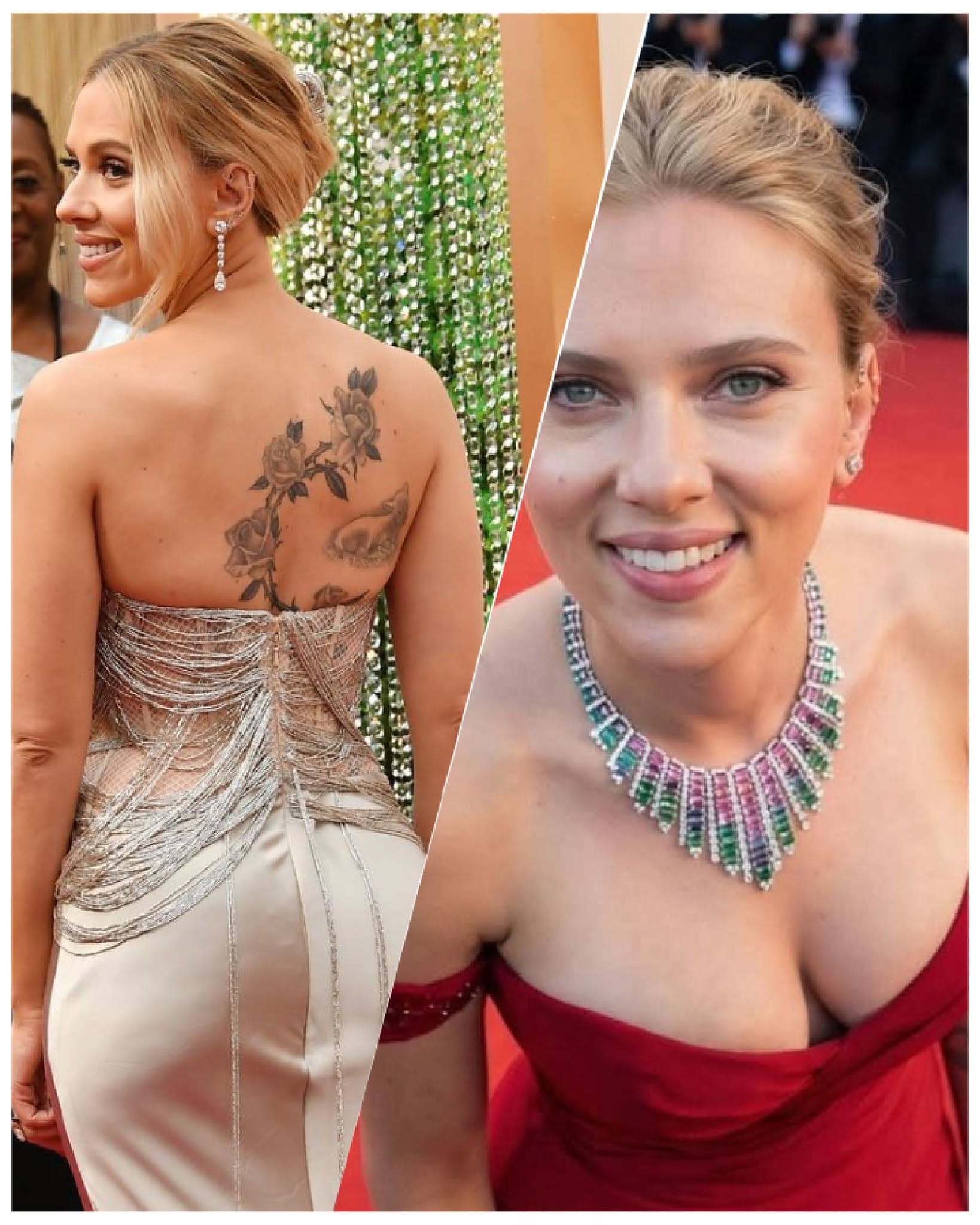scarlett johansson backless dress Johansson's red carpet looks with rare back tattoo reveal scarlett johansson back tattoo