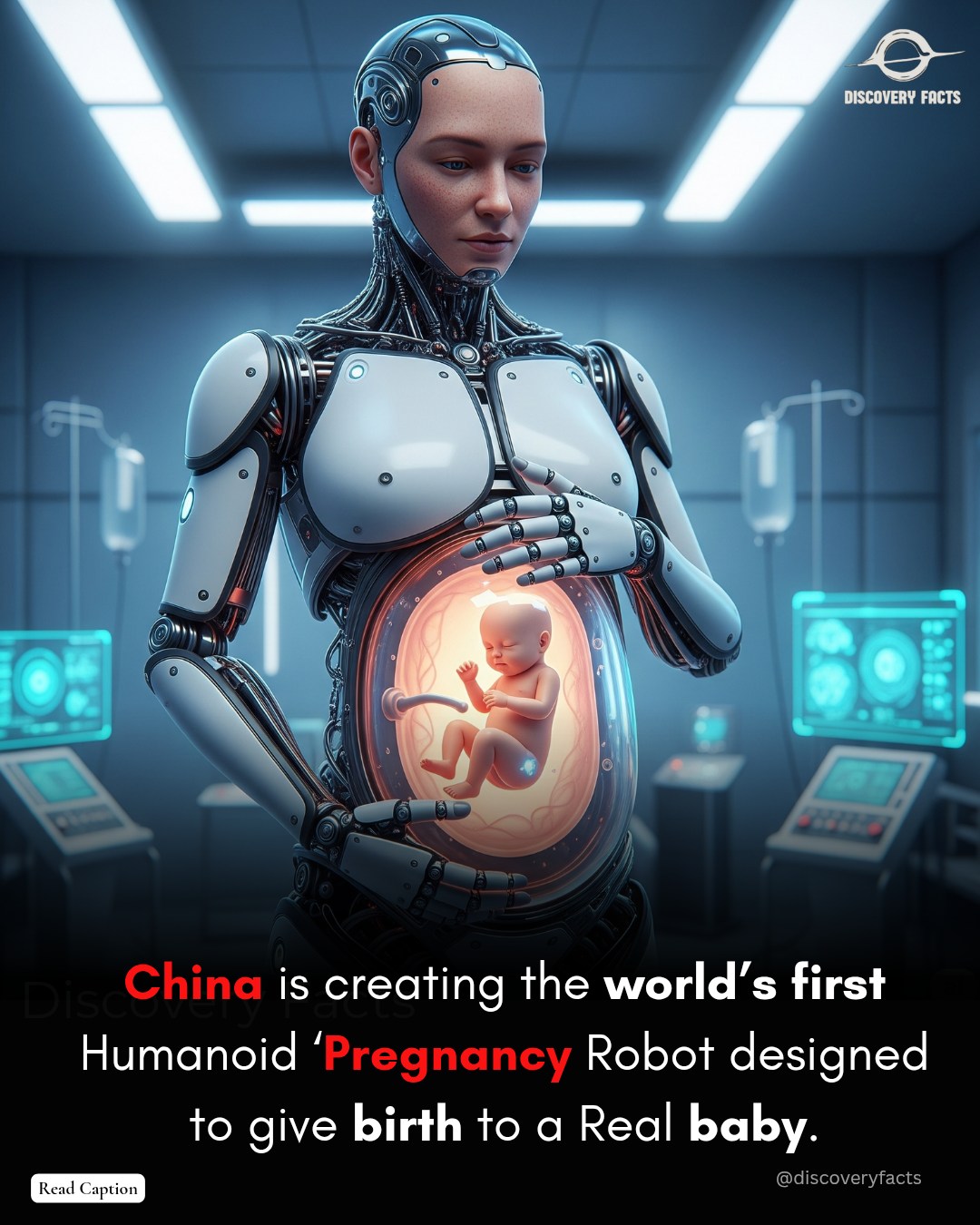 健康・医学 cyborg baby Cyborg woman with transparent belly and gestating baby in medical room