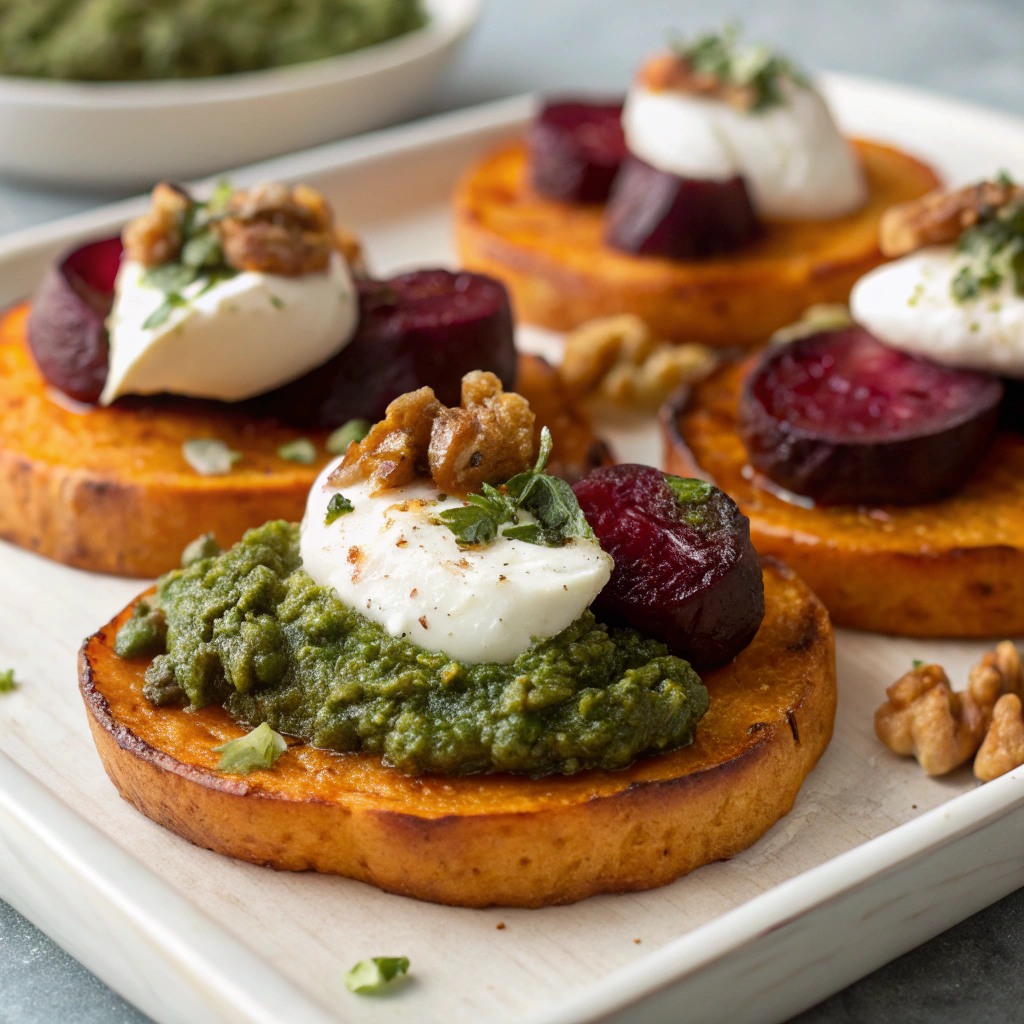 Nessy - 🍠 Sweet Potato Rounds with Burrata, Roasted Beets & Walnut Sage ...