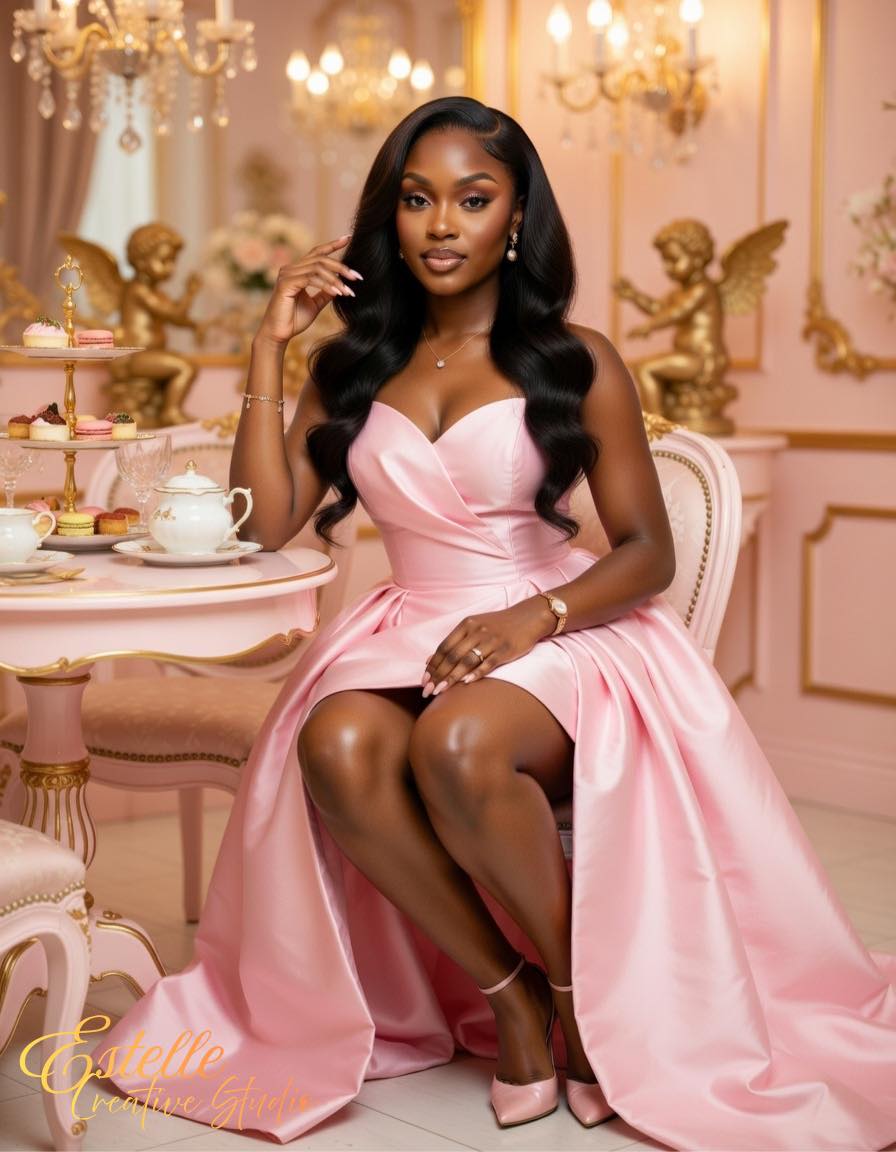 Stunning black woman in pink satin ball gown