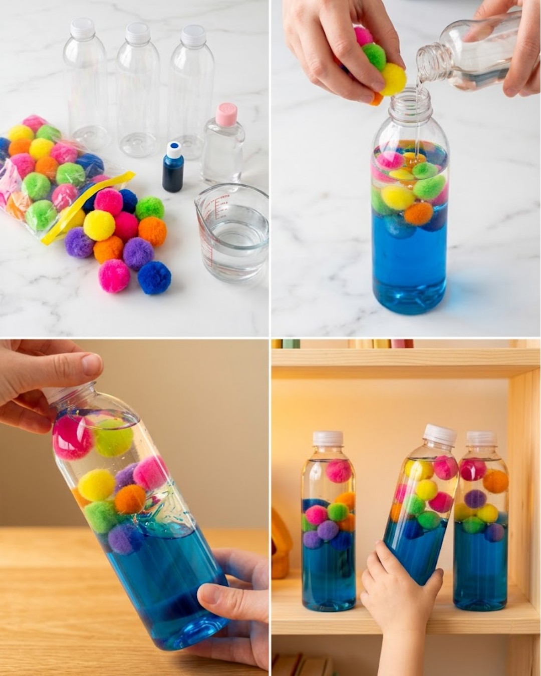 Adding pom poms to water bottles activity