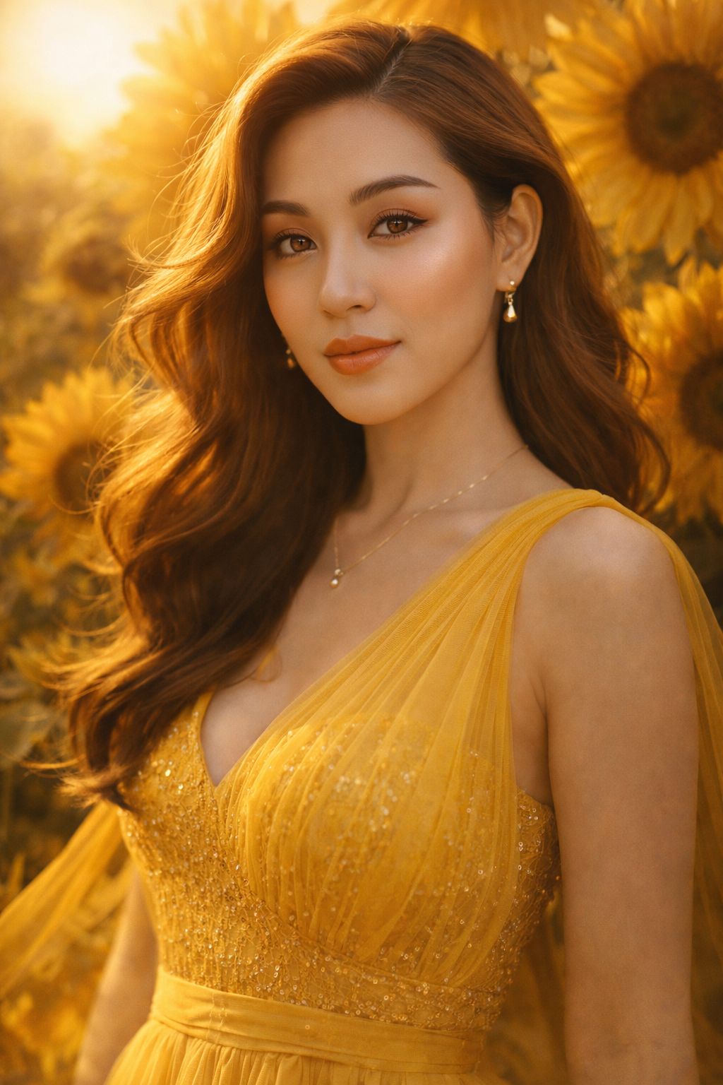 yellow dress brown hair Portrait of woman with golden and Buttery yellow