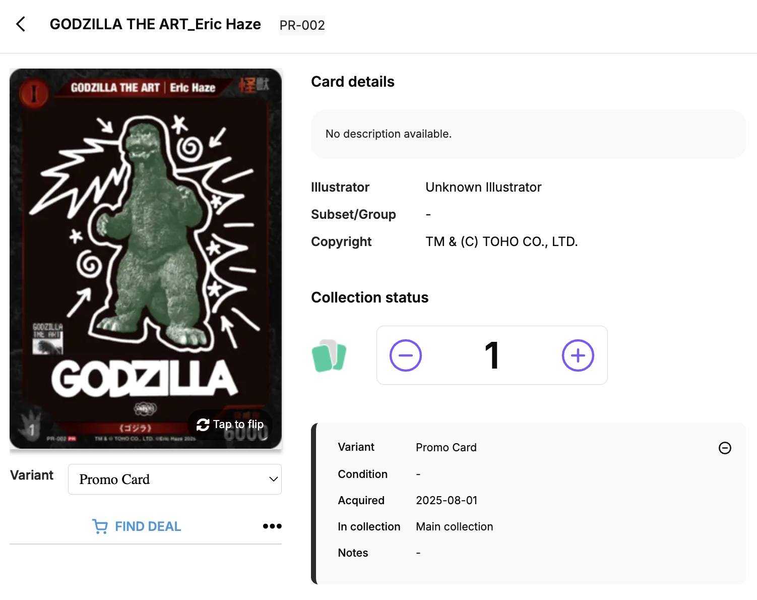 Digital Godzilla card game tracker and collector