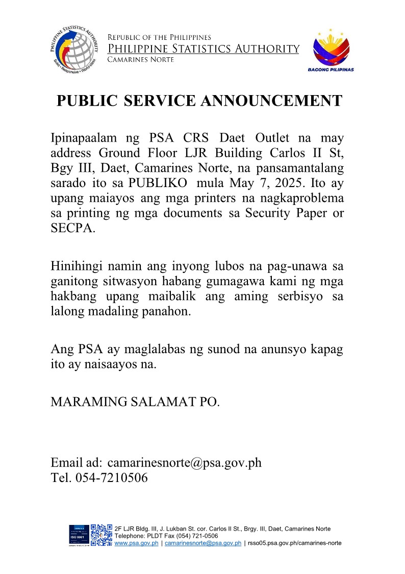 PSA - 𝐏𝐔𝐁𝐋𝐈𝐂 𝐒𝐄𝐑𝐕𝐈𝐂𝐄 𝐀𝐍𝐍𝐎𝐔𝐍𝐂𝐄𝐌𝐄𝐍𝐓 𝐈𝐩𝐢𝐧𝐚𝐩𝐚𝐚𝐥𝐚𝐦 𝐧𝐠 𝐏𝐒𝐀 𝐂𝐑𝐒 𝐃𝐚𝐞𝐭 𝐎𝐮𝐭𝐥𝐞𝐭 𝐧𝐚 ...
