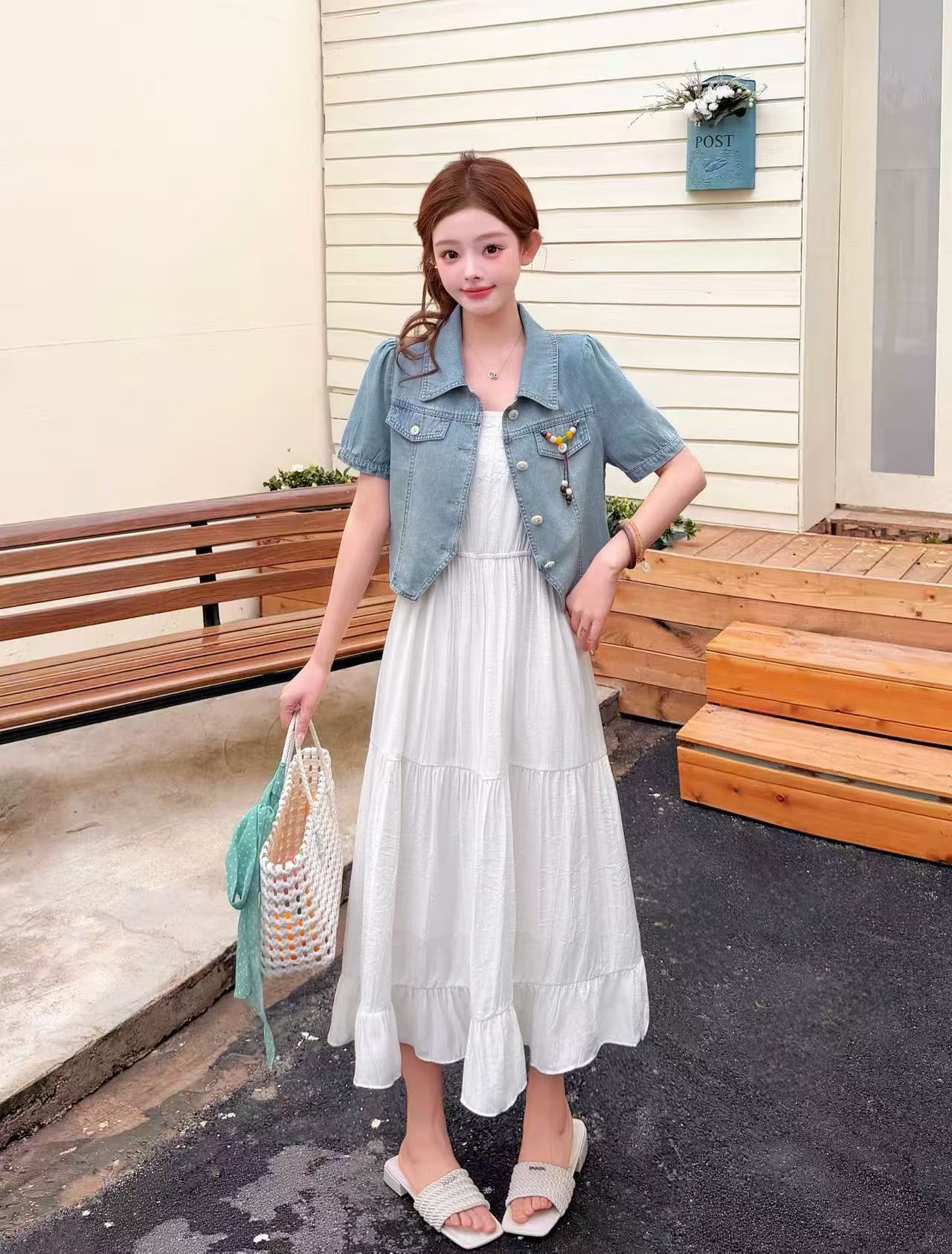 Sama Mall HK's two-piece set: denim jacket and white maxi dress