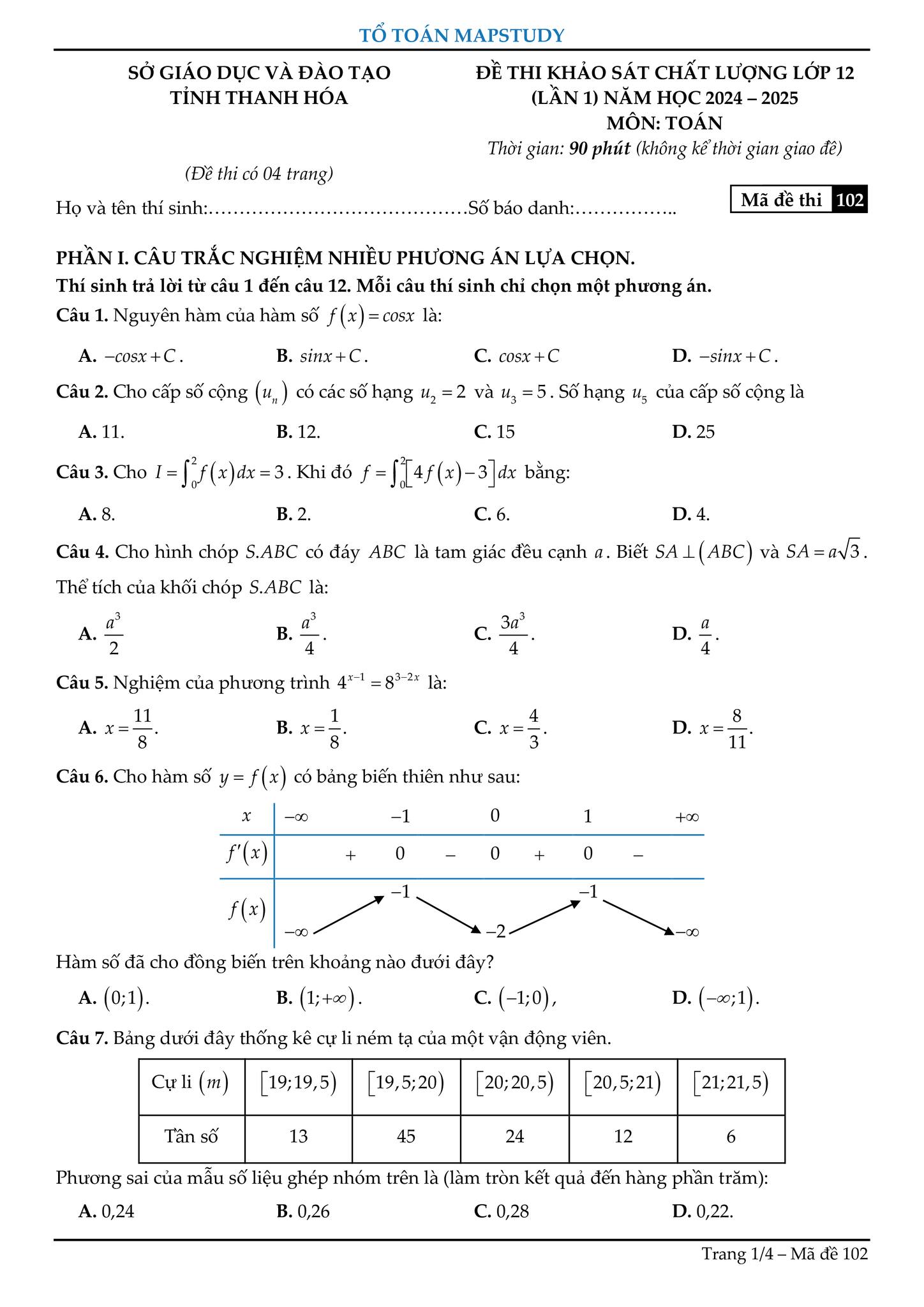 Đề... - Tổ Toán Mapstudy - Chuyên luyện thi Toán 10,11,12
