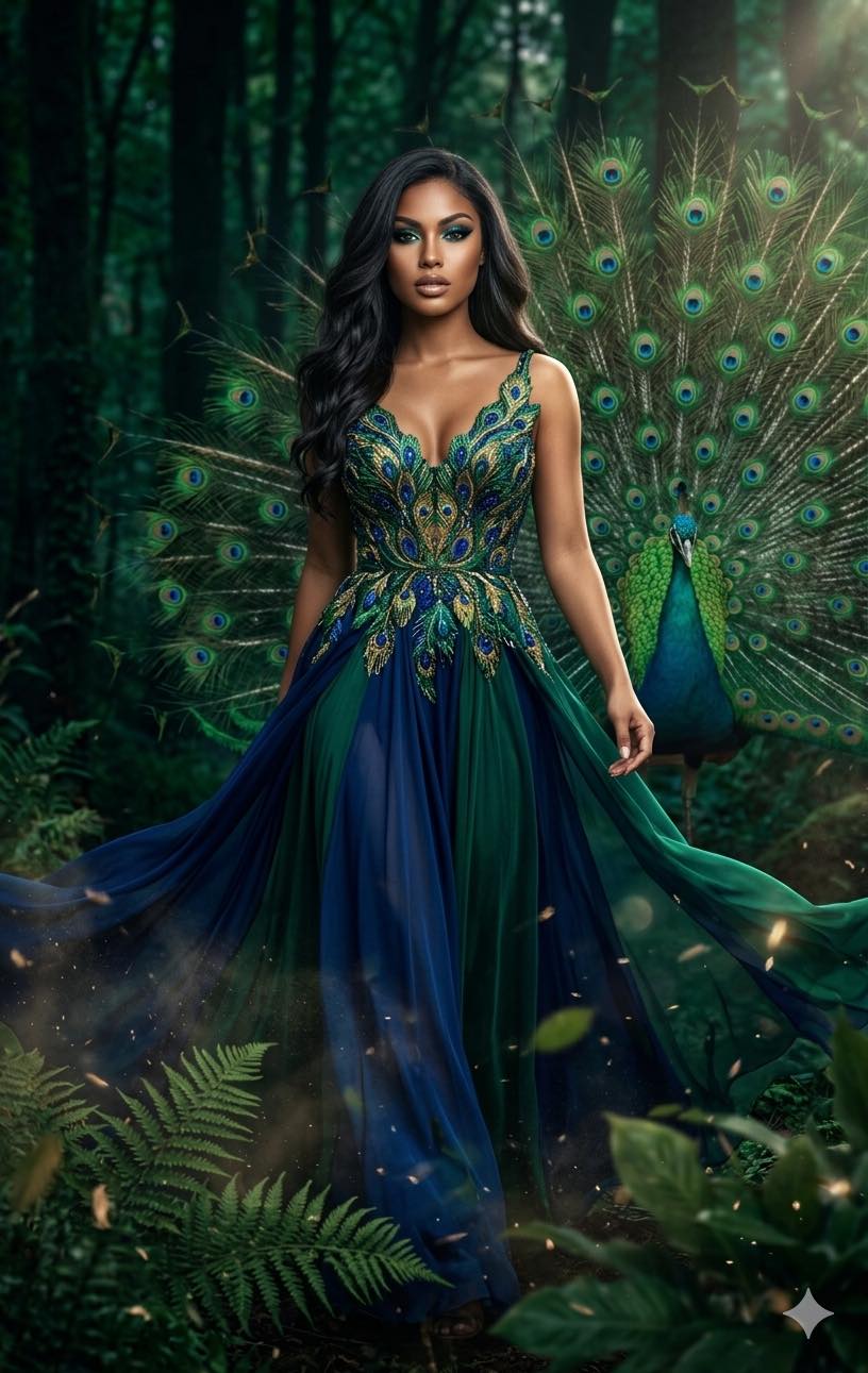 Peacock-inspired couture gown in sun-dappled forest