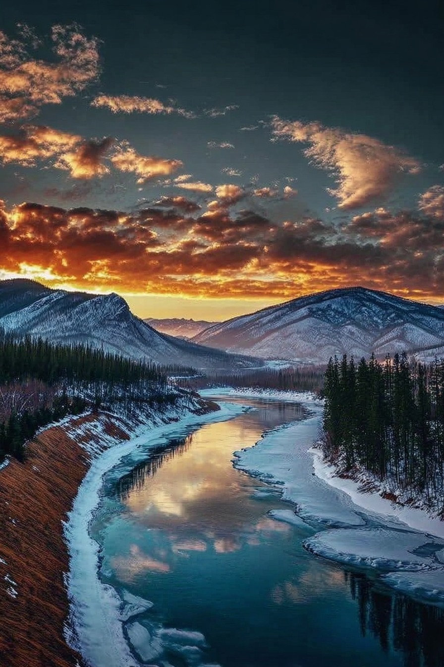 Sunrise - A stunning winter sunset reflects on a partially frozen river ...