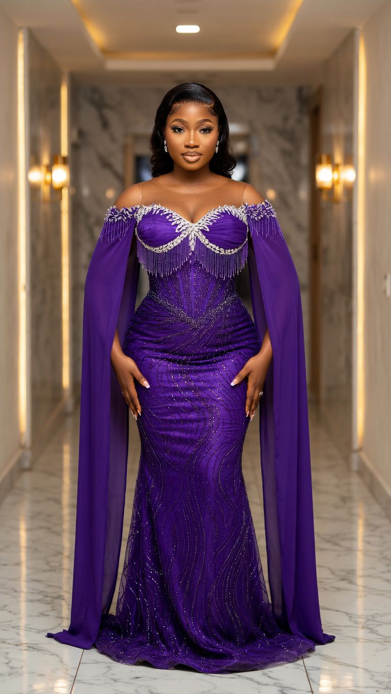 purple colour dress for ladies Elegant African-American woman in luxurious gown Trending Must-Haves