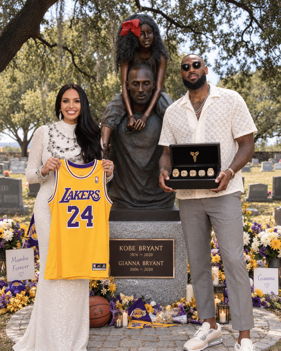 Vanessa Bryant and Lebron James standing in front of Kobe and Gigi