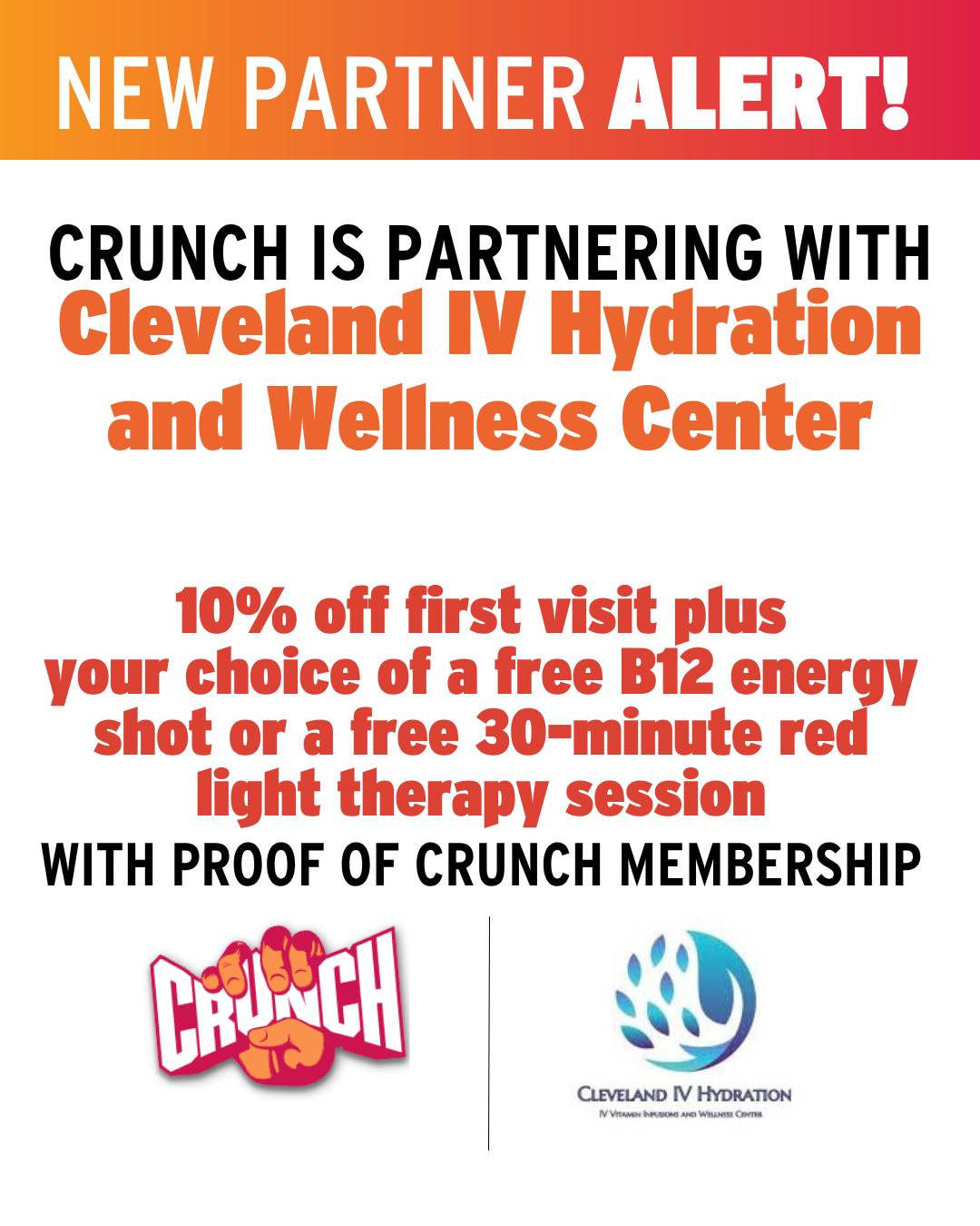 Meet our new partner, @clevelandivhydration! Cleveland IV Hydration and Wellness Center is an IV hydration and wellness center specializing in hydration and recovery. 💪 CRUNCH FITNESS MEMBER EXCLUSIVE 💪 New to Cleveland