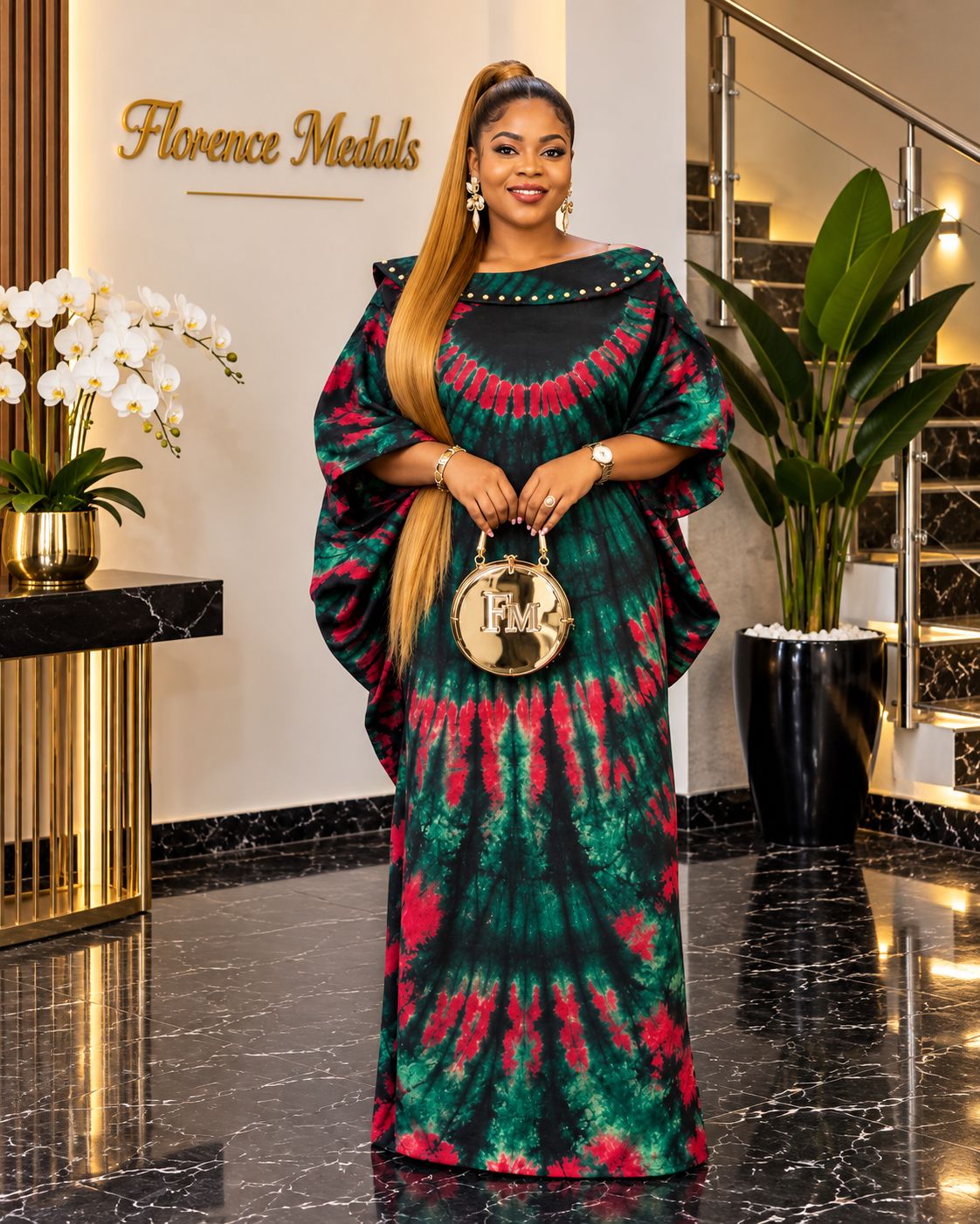 Green and red tie-dye kaftan gown with gold FM handbag