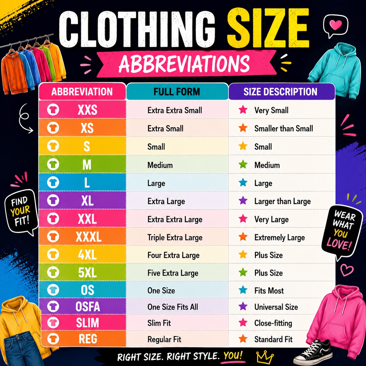 Clothing size abbreviations guide