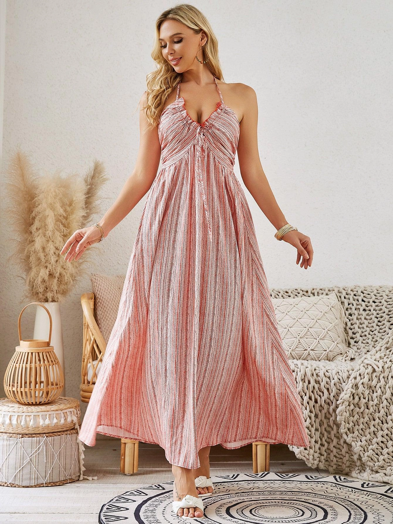 lysia spliced boho dress product info and reviews Halter Neck Backless Flowy Maxi review sizing discussion Merlot Fit & Flare