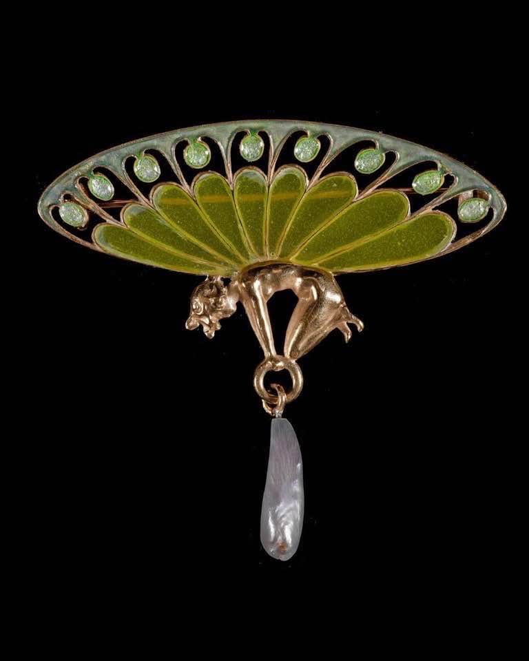 Rene Lalique Winged Sylph Brooch c.1900 Freshwater Pearl, Enamel
