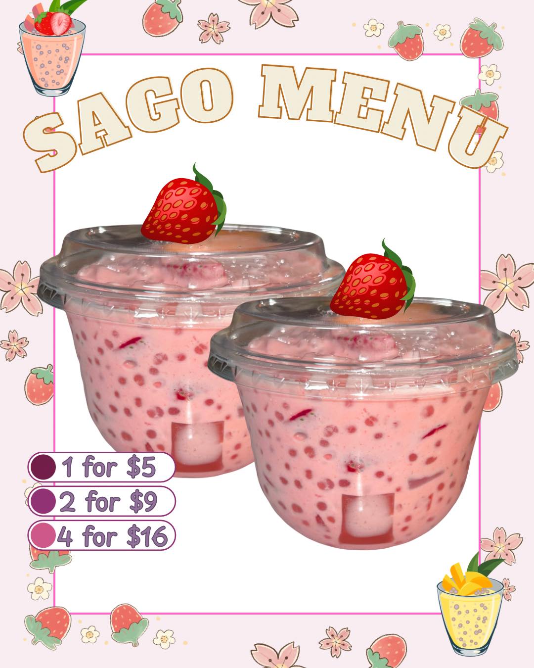 Viral strawberry sago available! 5oz cups available for $5 🤩 Creamy, delicious coconut based dessert! Try our sago today! Made with fresh fruits🍓 Send us a dm to place an order or