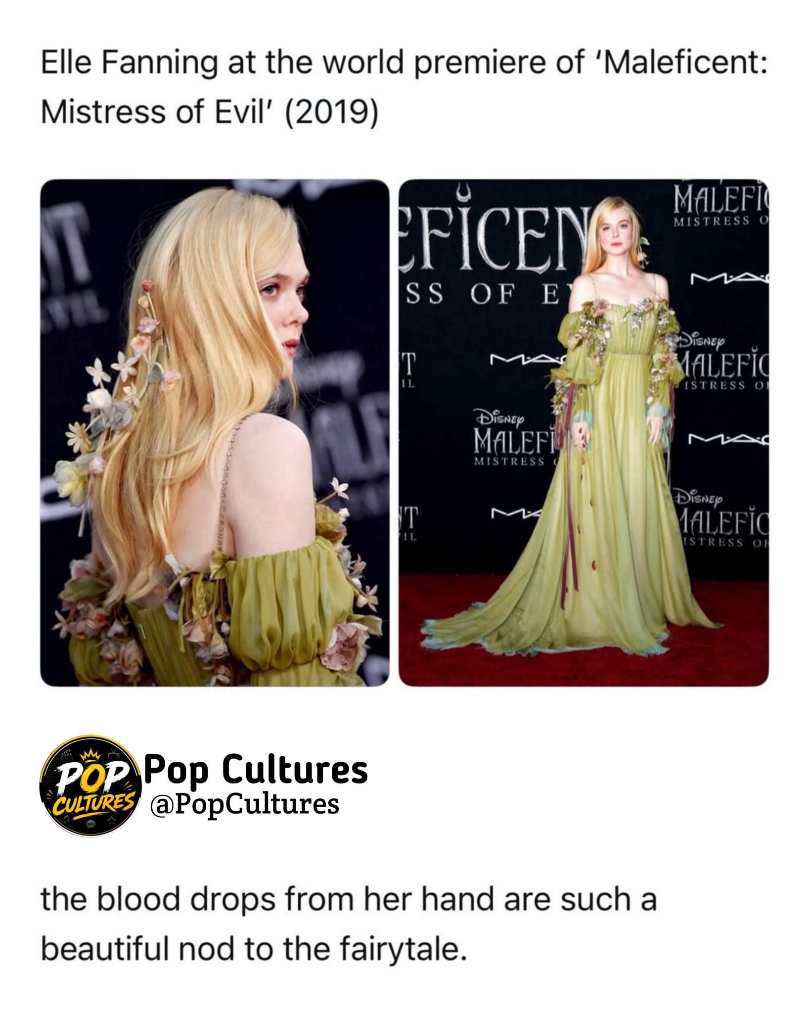 maleficent gold dress Elle Fanning wore a custom Gucci silk chiffon gown with crystal embroidered straps, floral embellishments and sheer tulle gloves with crystal drops to the premiere of Disney's 'Maleficent: Mistress of Evil' in Wedding robe
