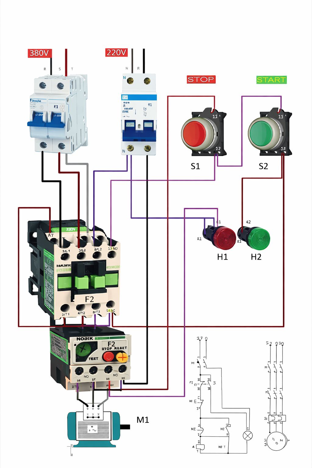 A clear 380V three-phase motor starter control diagram featuring a