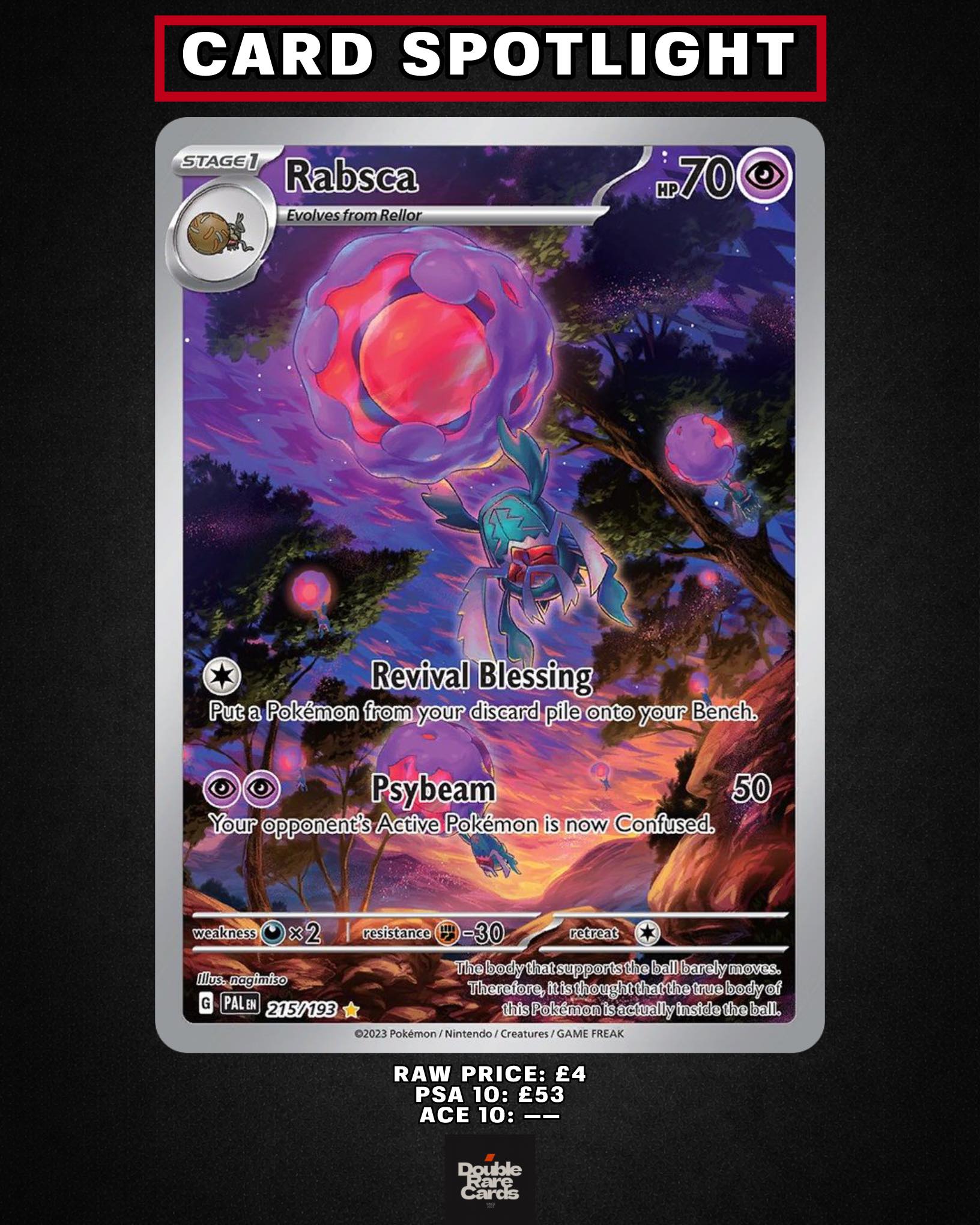 rabsca pokemon card (014/191) [Scarlet & Violet: Surging Sparks] RarityUncommon Hit Points70 HP Grass Psychic (10+ This attack does 30 more damage for each Energy attached to your opponents Active Pokemon.) Rabsca - Cardcollector55