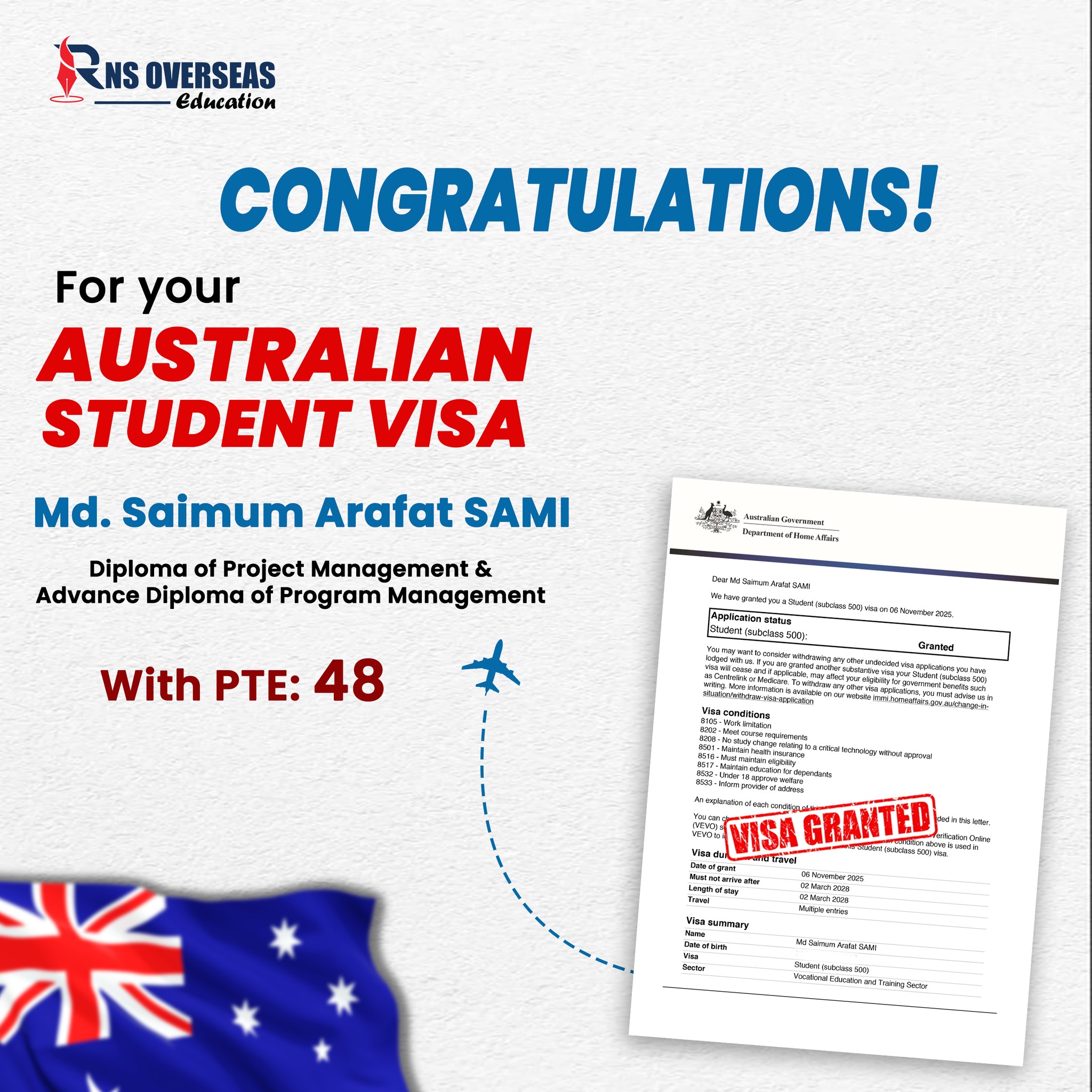 RNS - 𝗔𝗻𝗼𝘁𝗵𝗲𝗿 𝗔𝘂𝘀𝘁𝗿𝗮𝗹𝗶𝗮𝗻 𝗦𝘁𝘂𝗱𝗲𝗻𝘁 𝗩𝗶𝘀𝗮 𝗦𝘂𝗰𝗰𝗲𝘀𝘀 🇦🇺🎉 𝐒𝐚𝐢𝐦𝐮𝐦 𝐀𝐫𝐚𝐟𝐚𝐭 𝐒𝐀𝐌𝐈 ...