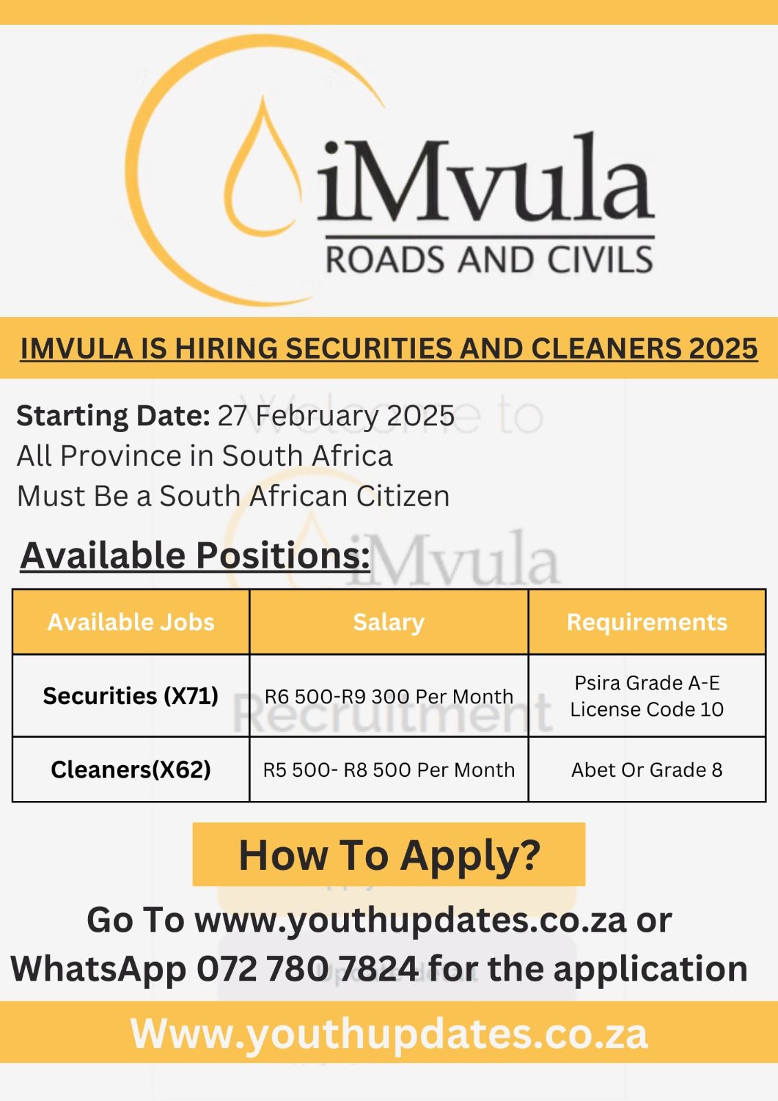 Imvula is hiring cleaners and security officer
