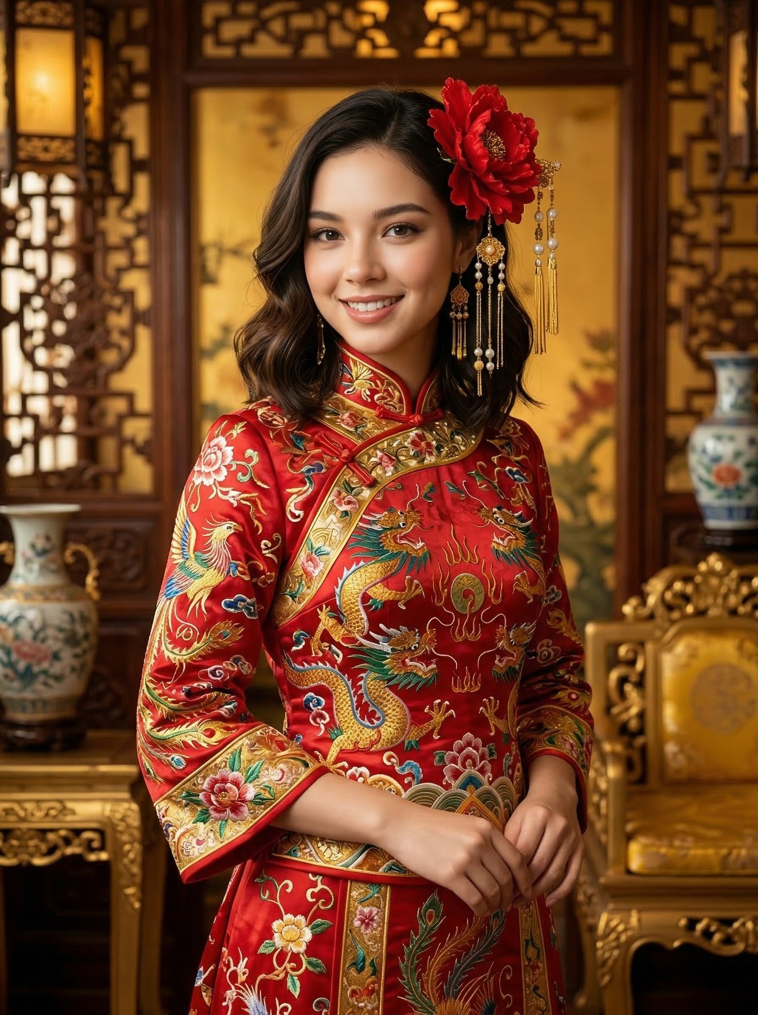 VIVIENNE TAM Red Lace Dress with Gold Dragon Embroidery