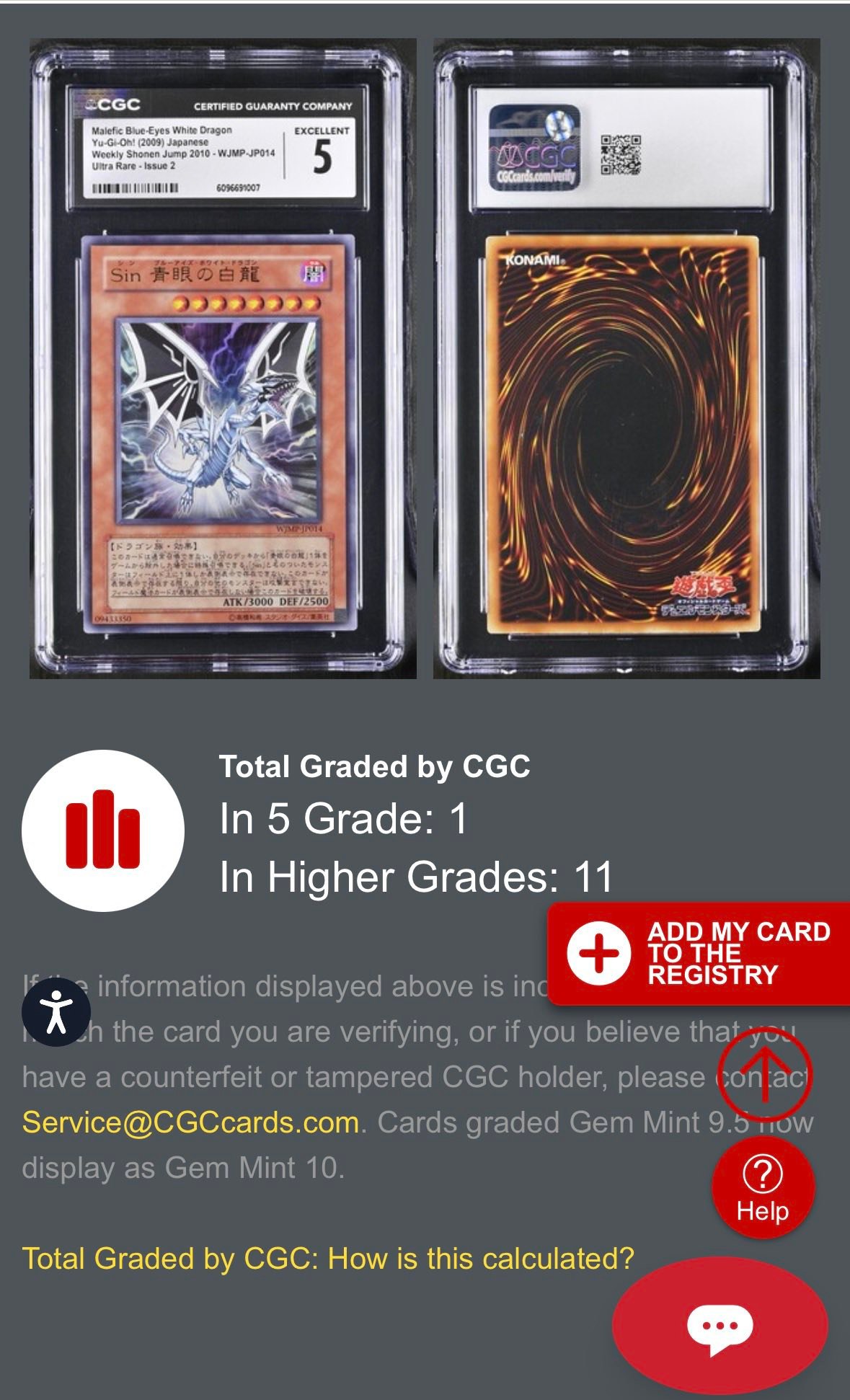 What is the value of a CGC 5 Malefic Blue-Eyes White Dragon card?