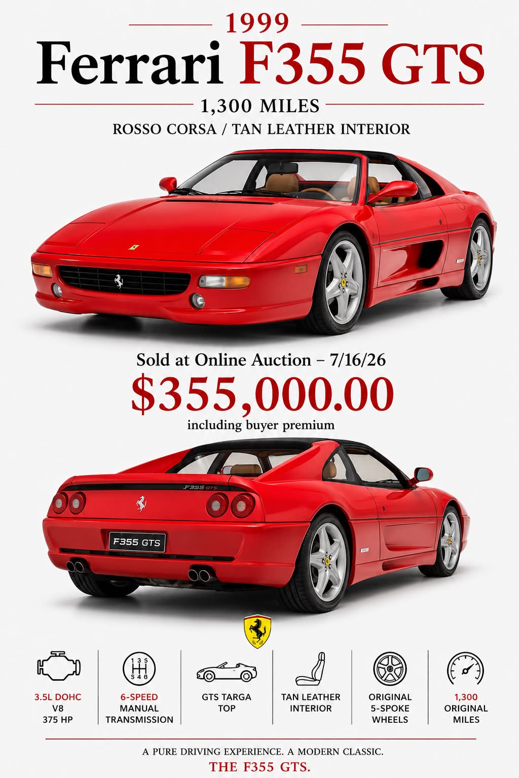 1995 Ferrari 355 with 6 speed manual and low miles