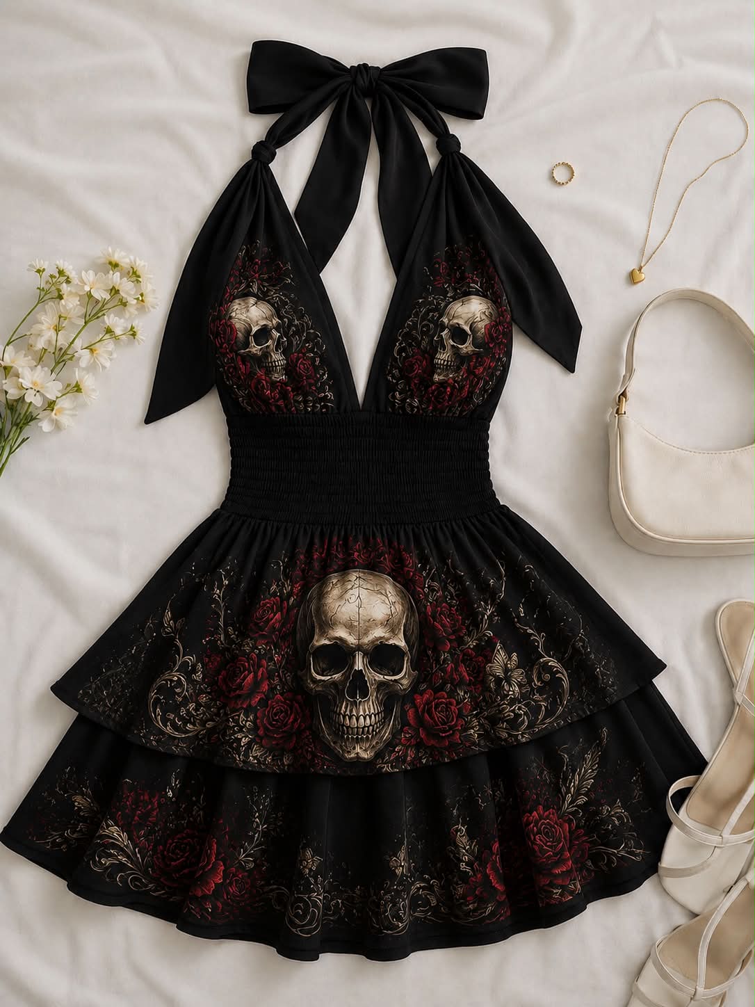 black dress skulls and roses 💀Memento Mori Set Option:Dress/Jewel Sash Buy 2 get 1 has-sizes-us Black Sweater Dress with
