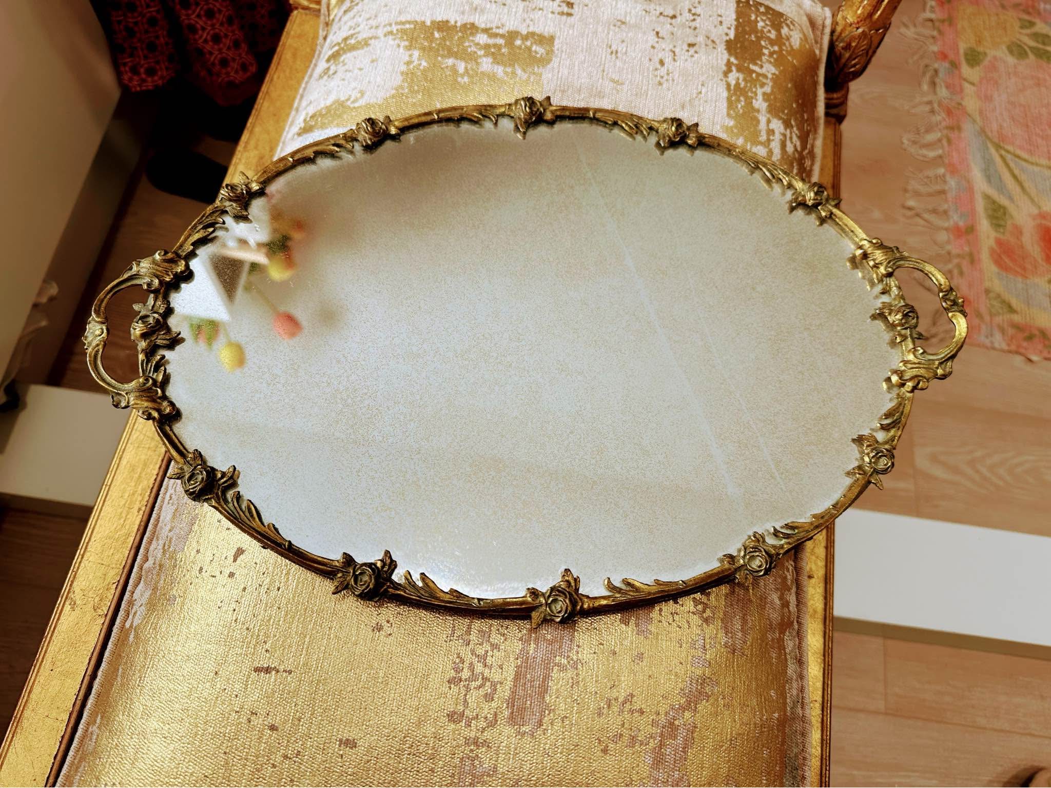 This lovely Matson mirror tray is a Ormolu gold plated mid-century 