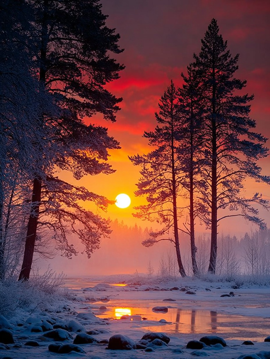 Sunrise - A glowing winter sunrise paints the sky in fiery orange and ...