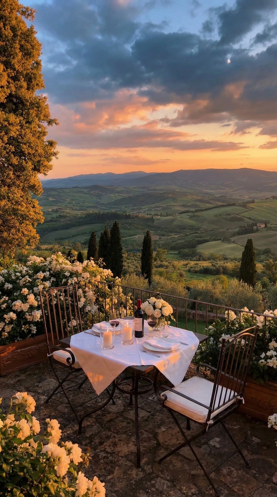 🕯️ Red wine, white roses, and a view that makes you forget the