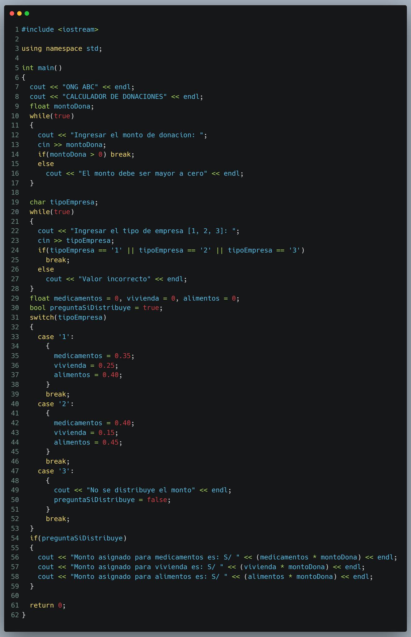 Dan - Programa en C++ para calcular donaciones según tipo de empresa # ...
