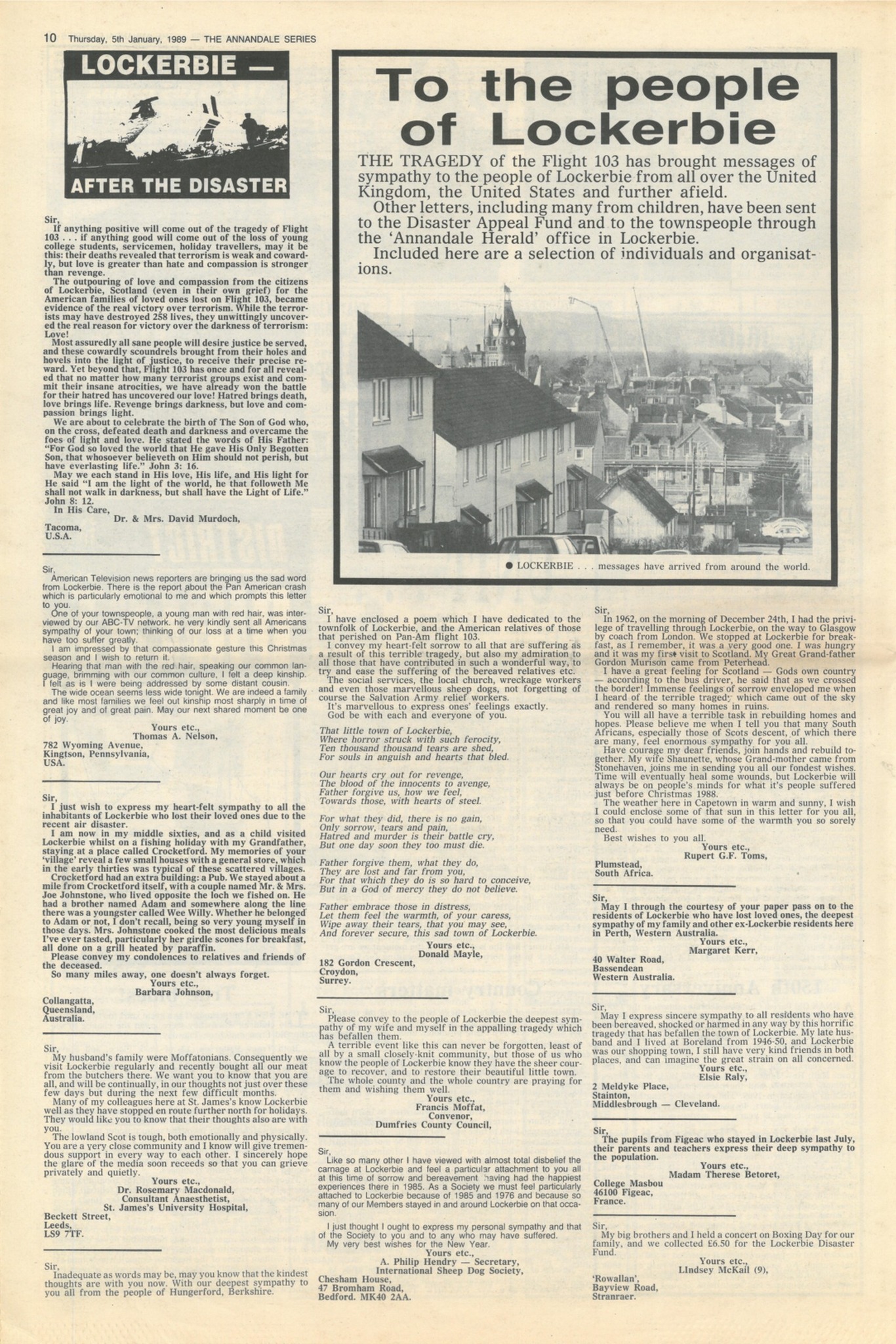 Lockerbie - On World Letter Writing Day, this 05 January 1989 Annandale ...