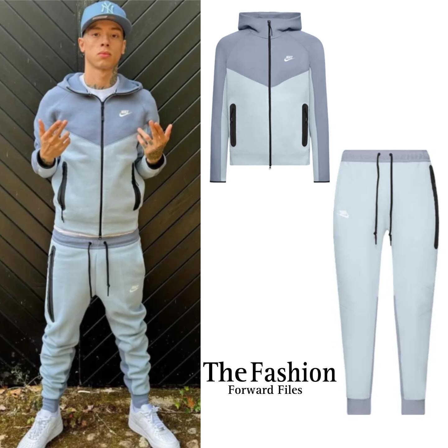 The Fashion - Central Cee wears a light blue slate blue Windrunner 