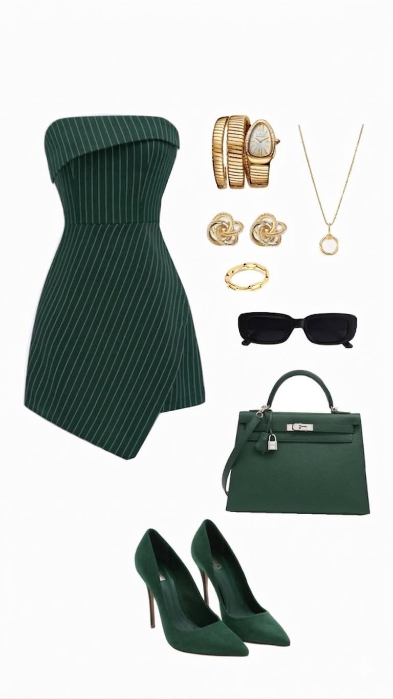 Stylish green dress outfit with gold jewelry