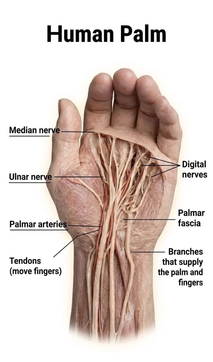 Anatomical view of the human palm with internal structures