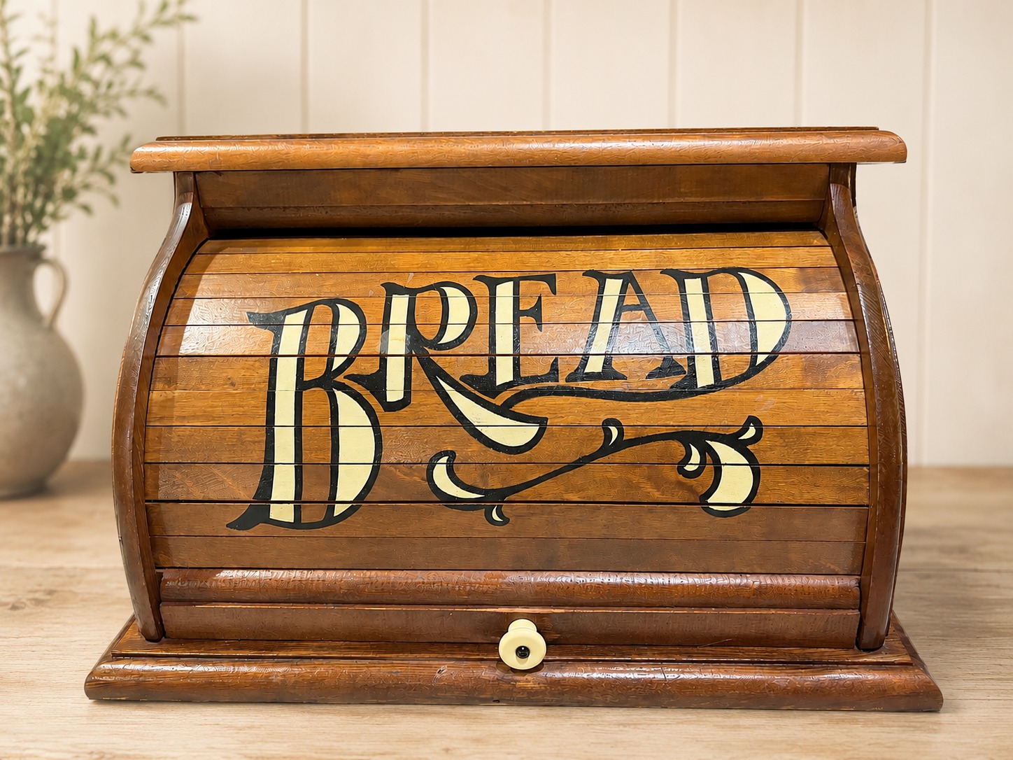 Vintage 1982 wooden roll-top bread box for sale