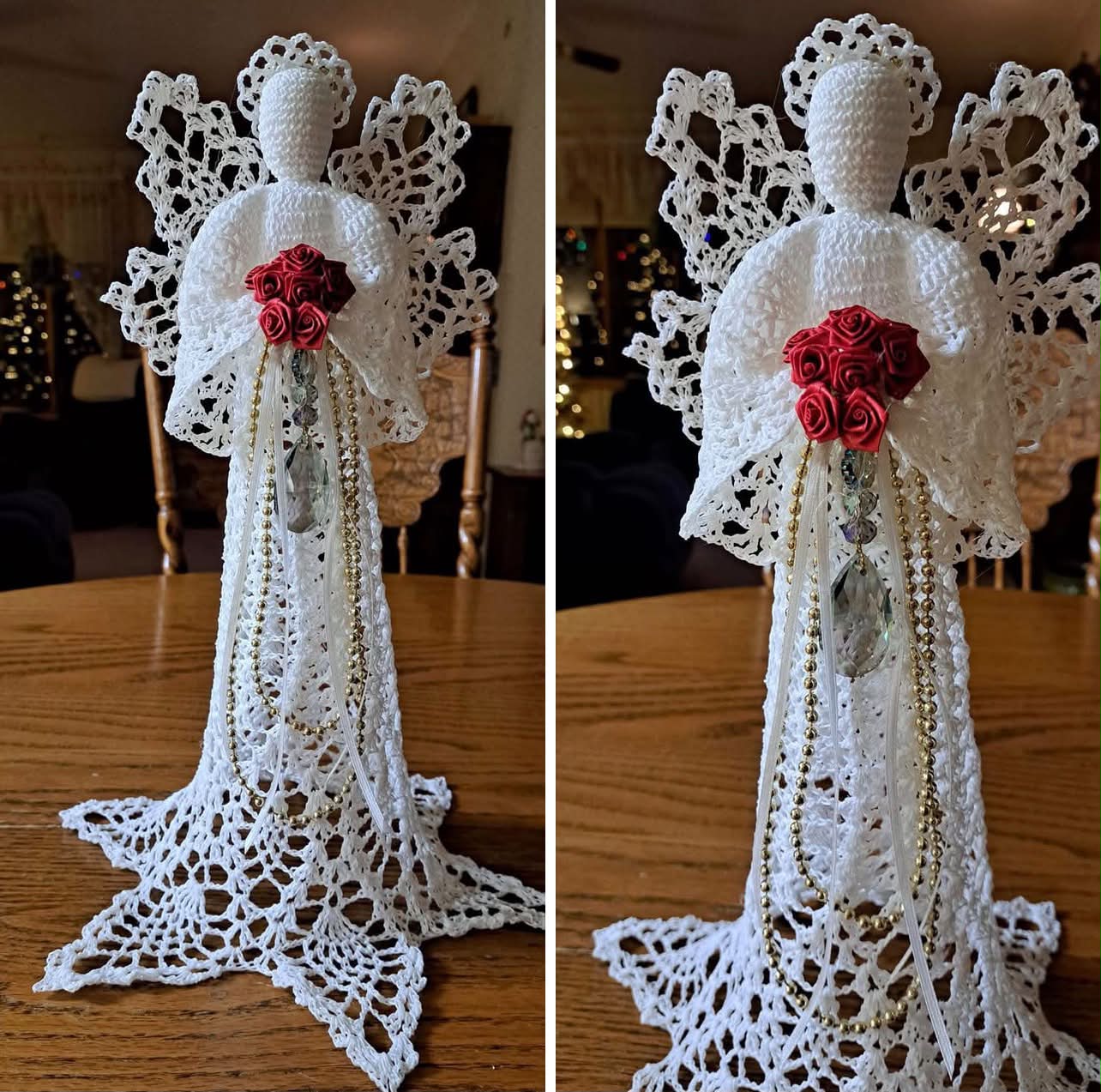 Crocheted angel with lace wings and red rose bouquet pattern
