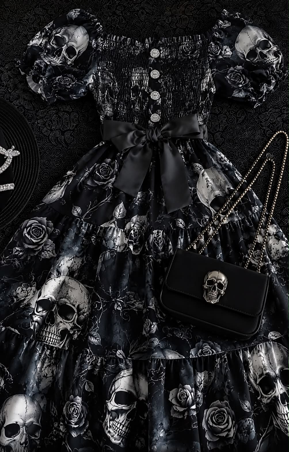 black dress skulls and roses ✨ Embrace the darkness, embrace your elegance. Our Halloween transforms you into a gothic queen, where delicate meet protective thorns. This Halloween, let the Thorned Rose bloom through you, captivating Youngland Baby 24M Black Style-Color-Dim:MD1E209936_AH673_M perfect for a summer Size:7W x 7H (ft)