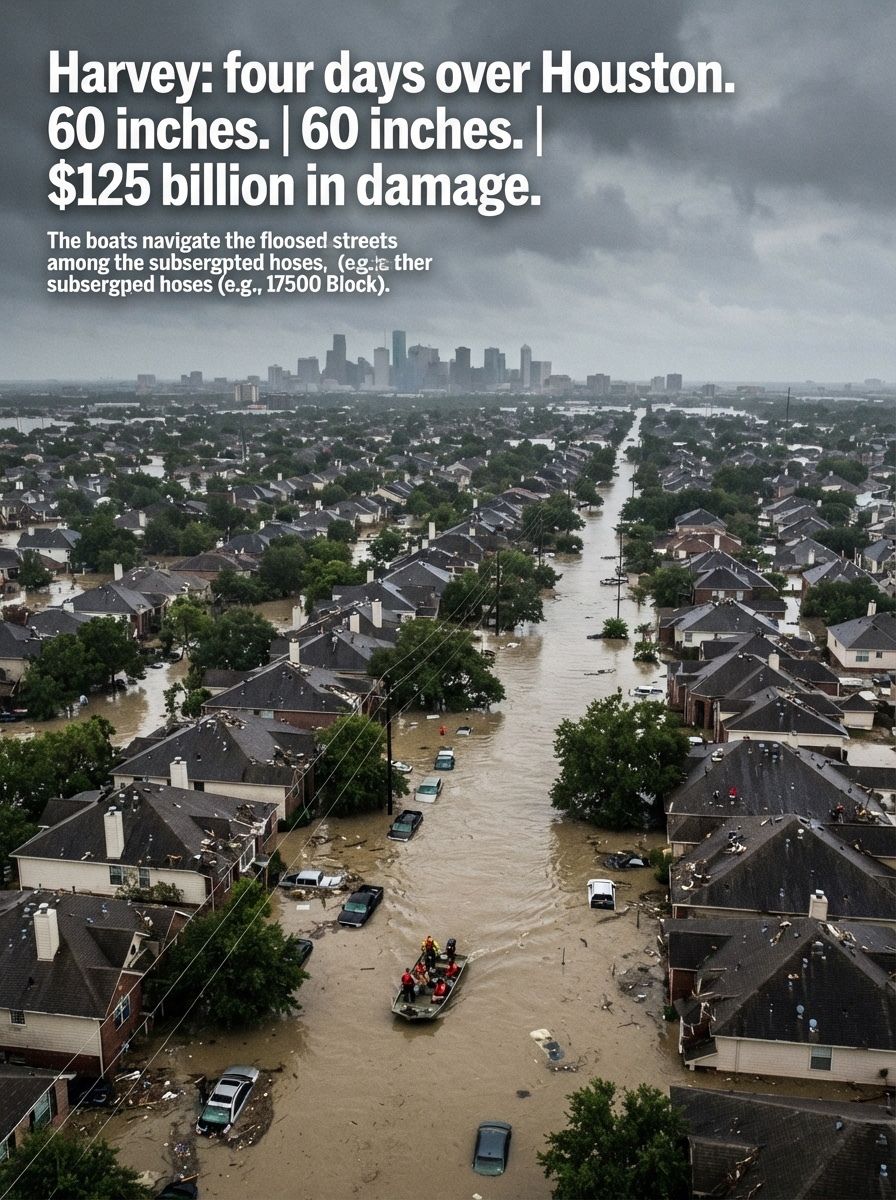 Hurricane Harvey stalled over Houston from August 25-29, 2017, dropping approximately 60 inches of rain, the most from a single storm in continental US history. More than 300,000 structures flooded. An estimated