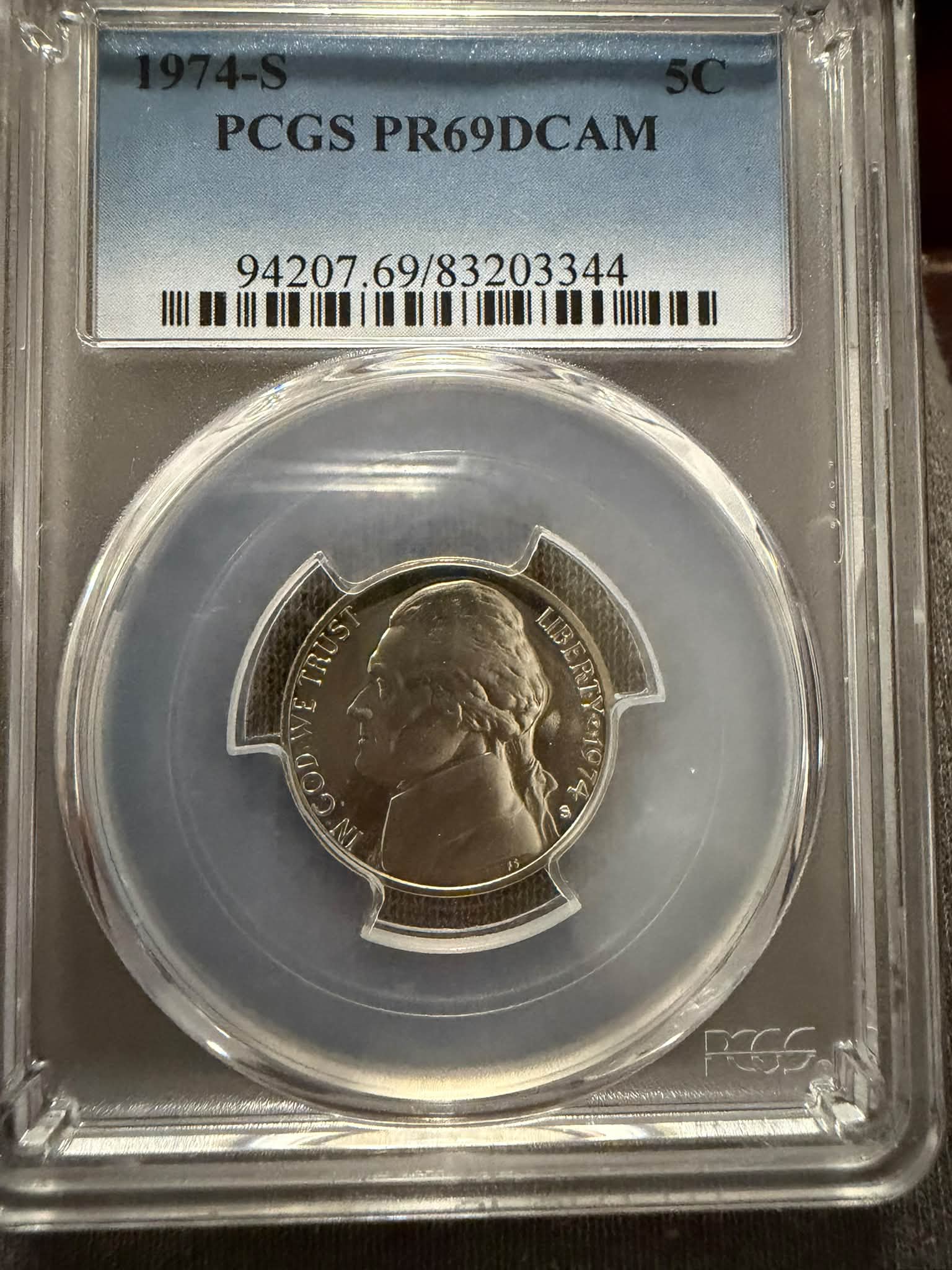 1974-S Lincoln penny in PCGS PR69RD graded coin slab
