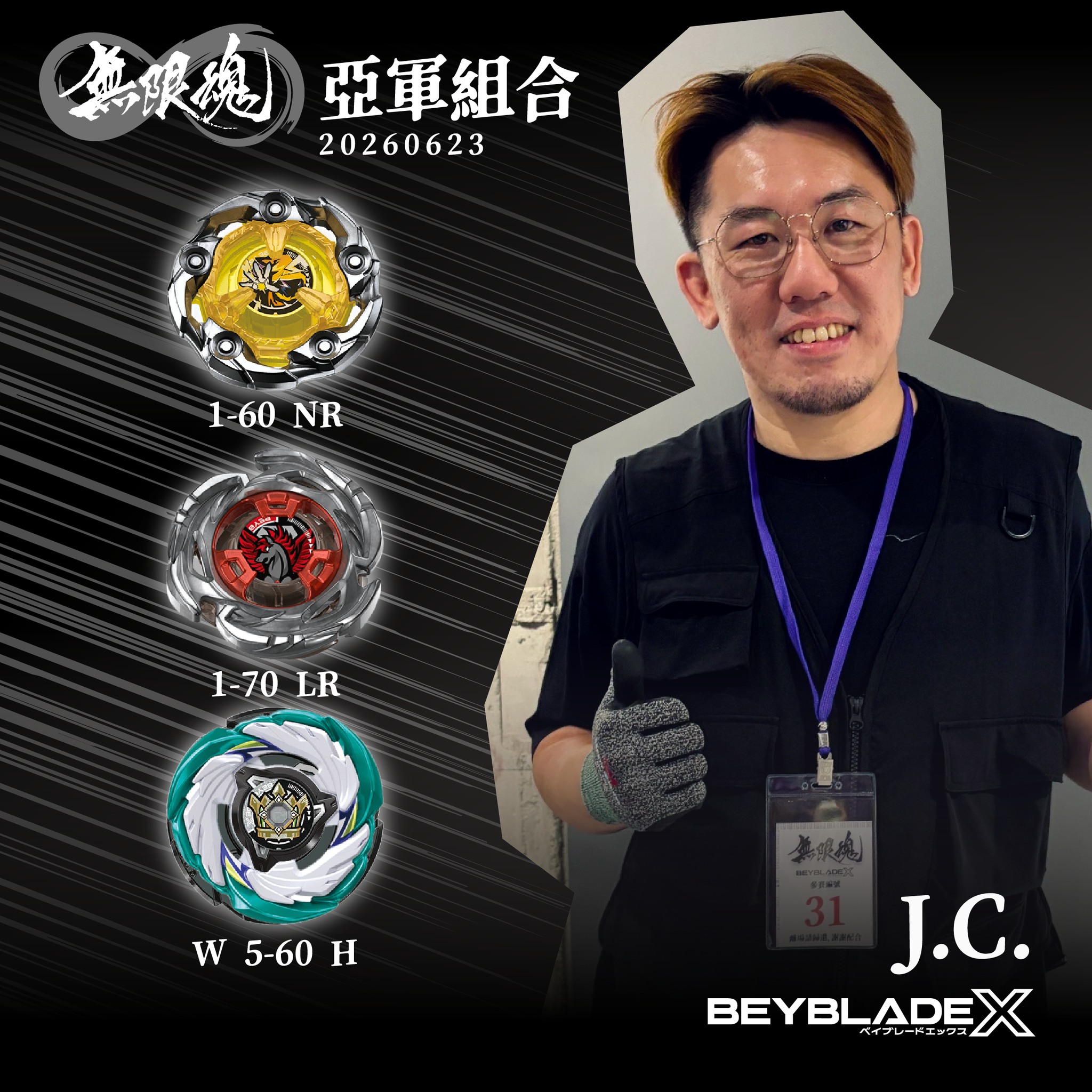 BEYBLADE X 0623亞軍：J.C. 魔導神杖/ 1-60固鎖/ NR軸紅空力天馬/ 1-70