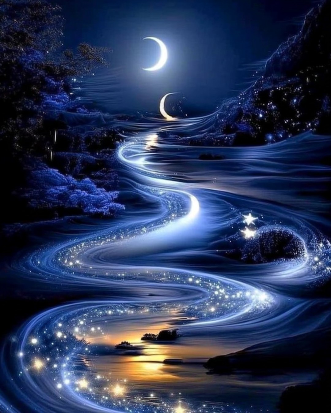 Moonlit - Twin crescent moons illuminate a sparkling blue river ...
