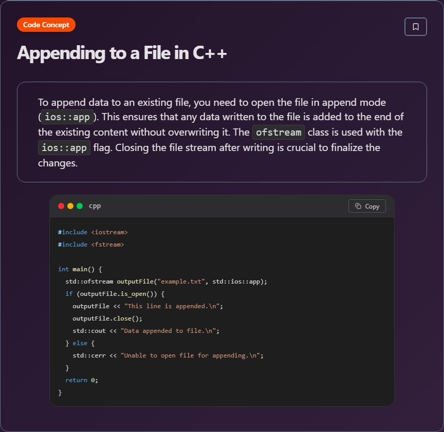 TechieLearns - 🚀 Appending to a File in C++ To append... | Facebook