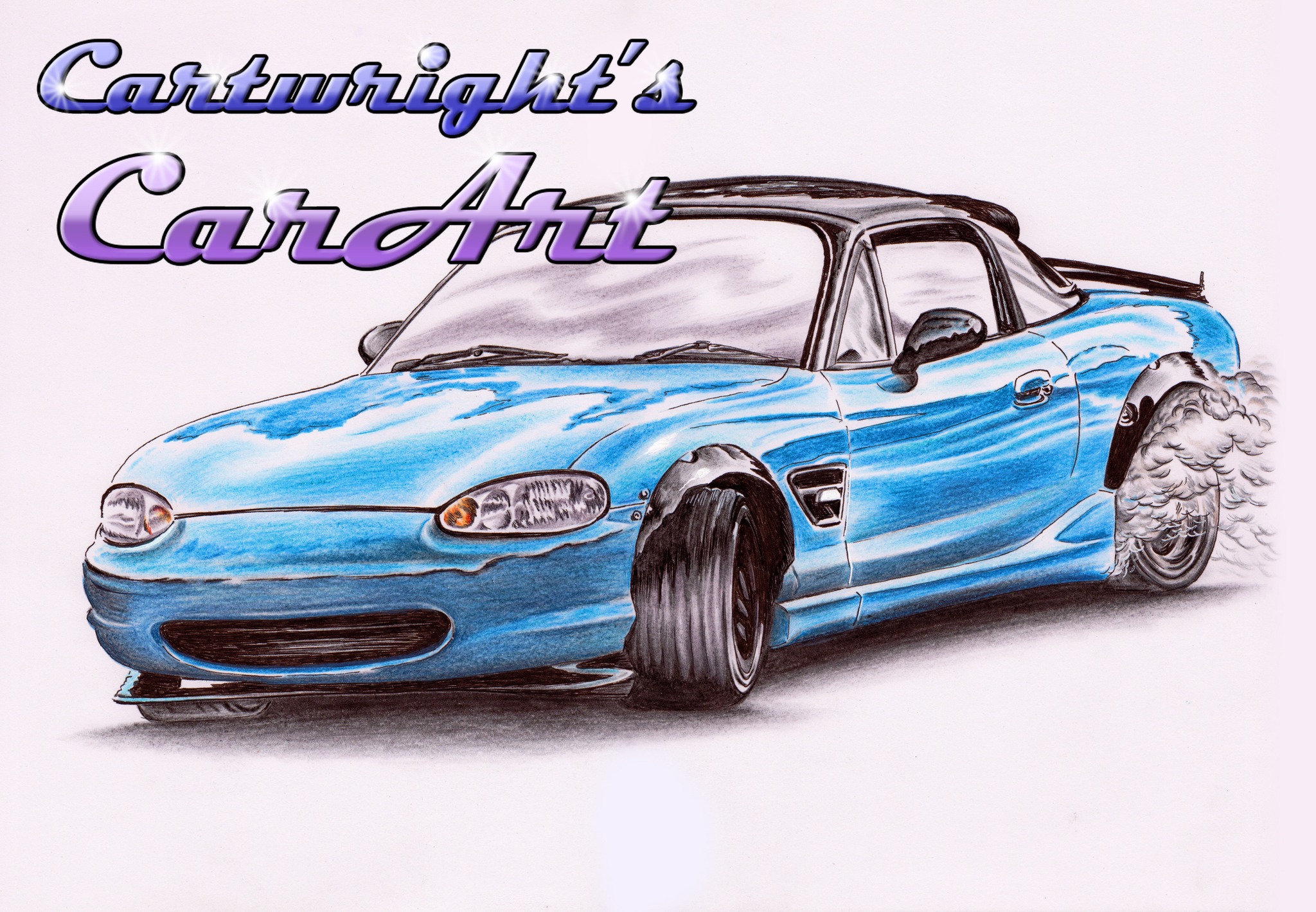 Mazda Miata hand drawn art with Prismacolor pencils