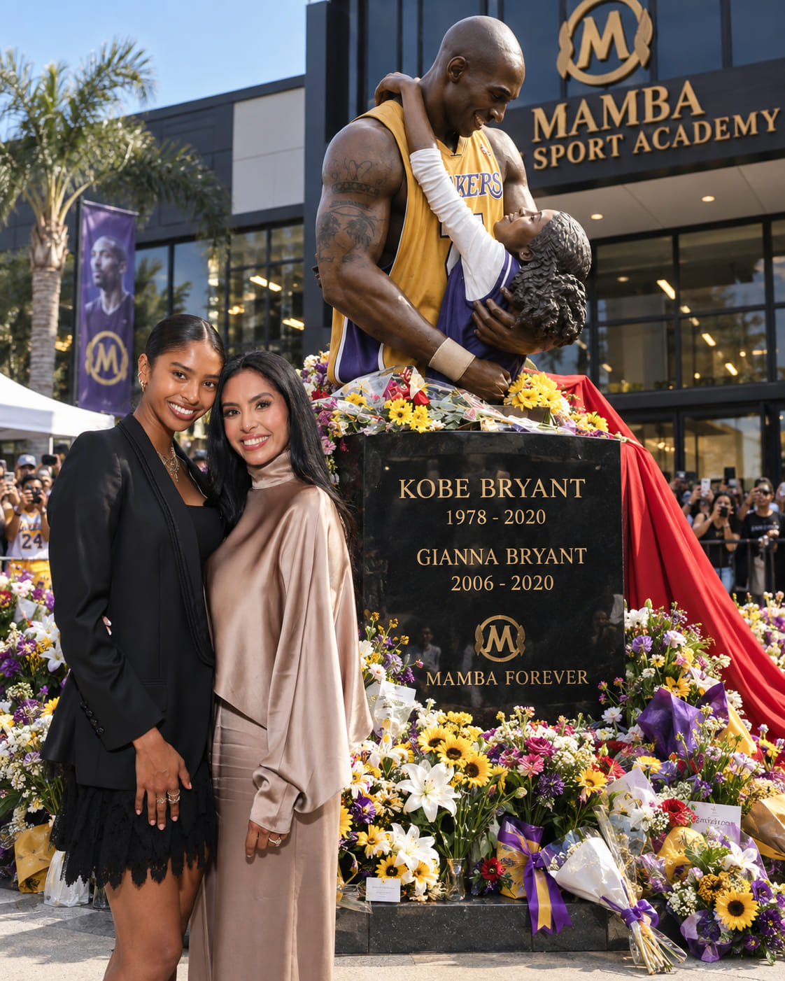 Vanessa Bryant and Natalia Bryant standing in front of Kobe and