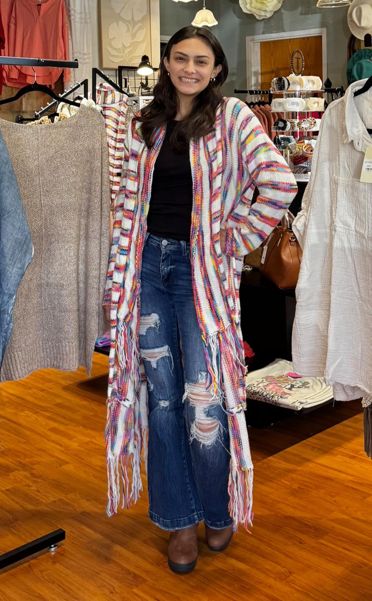 Sweet Generis rainbow stripe cardigan with fringe at Pieces2